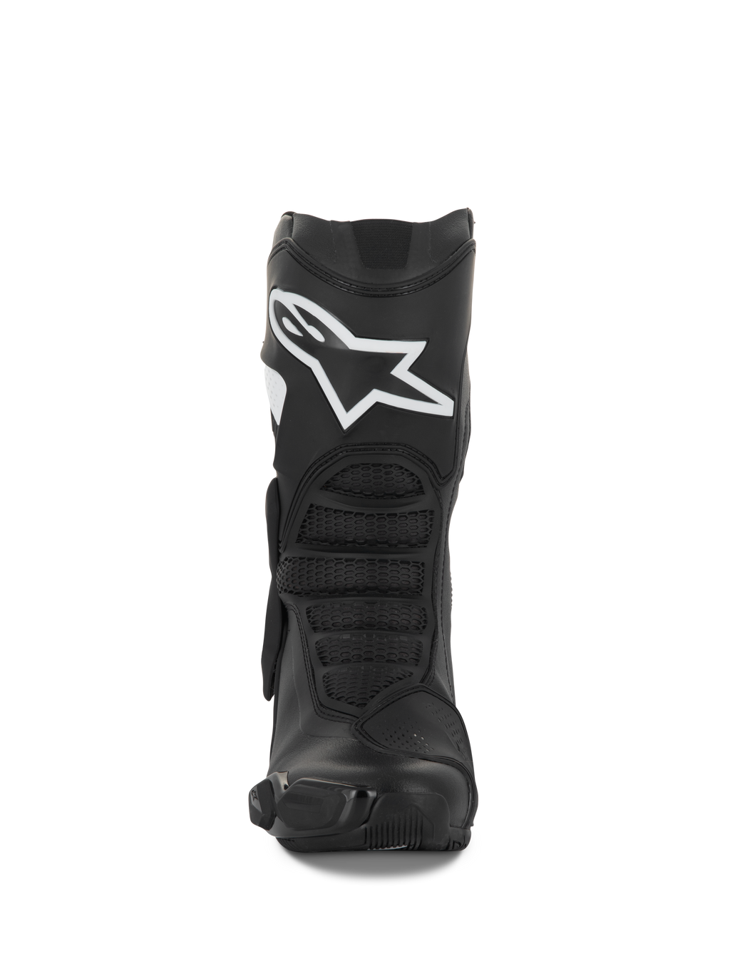 Buty Alpinestars Stella SMX-6 V3, damskie buty motocyklowe, czarno-białe, widok z przodu prezentujący białe logo Alpinestars na goleni, ochronę TPU i ergonomiczne panele elastyczne, zaprojektowane do jazdy na torze i ulicy