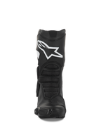 Buty Alpinestars Stella SMX-6 V3, damskie buty motocyklowe, czarno-białe, widok z przodu prezentujący białe logo Alpinestars na goleni, ochronę TPU i ergonomiczne panele elastyczne, zaprojektowane do jazdy na torze i ulicy