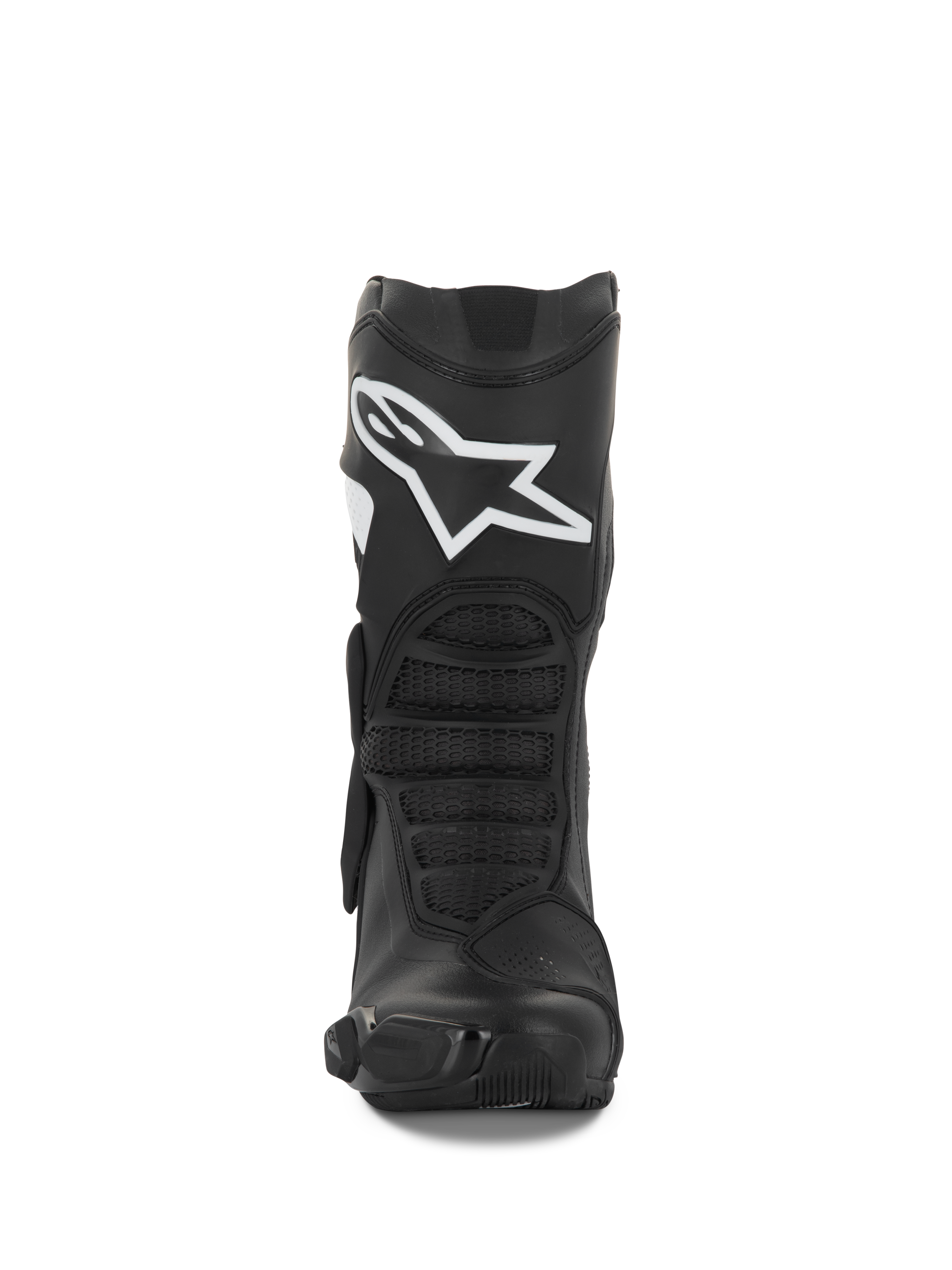 Buty Alpinestars Stella SMX-6 V3, damskie buty motocyklowe, czarno-białe, widok z przodu prezentujący białe logo Alpinestars na goleni, ochronę TPU i ergonomiczne panele elastyczne, zaprojektowane do jazdy na torze i ulicy