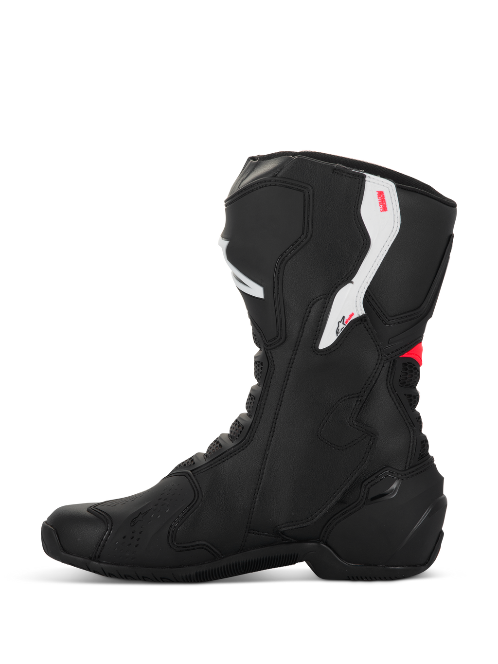 Buty Alpinestars Stella SMX-6 V3, damskie buty motocyklowe, czarno-białe z różowymi akcentami Diva Pink, widok z profilu, konstrukcja z mikrofibry, ochrona kostki i goleni z TPU, opływowy design sportowy do jazdy na torze i ulicy