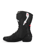 Buty Alpinestars Stella SMX-6 V3, damskie buty motocyklowe, czarno-białe z różowymi akcentami Diva Pink, widok z profilu, konstrukcja z mikrofibry, ochrona kostki i goleni z TPU, opływowy design sportowy do jazdy na torze i ulicy