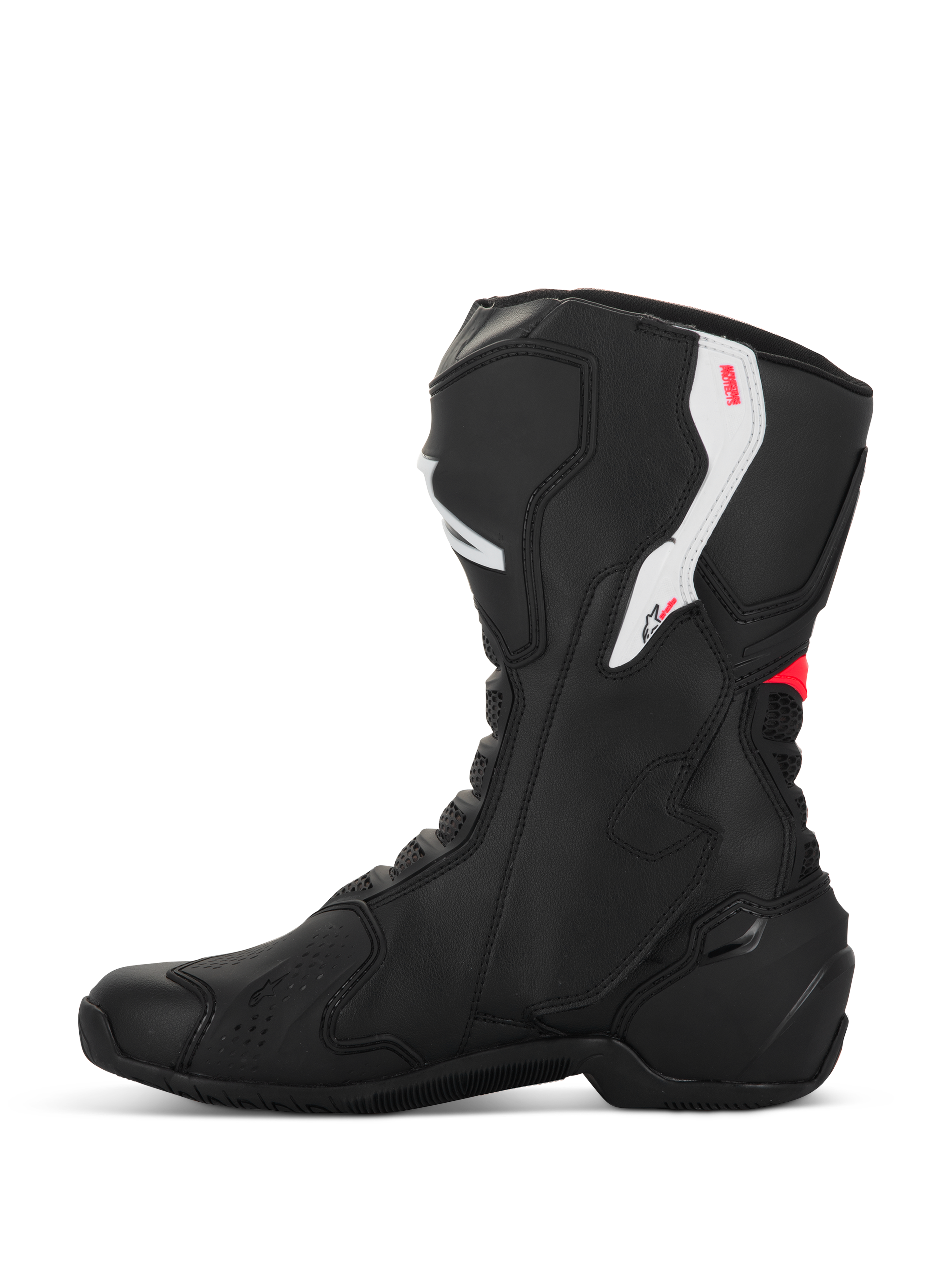 Buty Alpinestars Stella SMX-6 V3, damskie buty motocyklowe, czarno-białe z różowymi akcentami Diva Pink, widok z profilu, konstrukcja z mikrofibry, ochrona kostki i goleni z TPU, opływowy design sportowy do jazdy na torze i ulicy