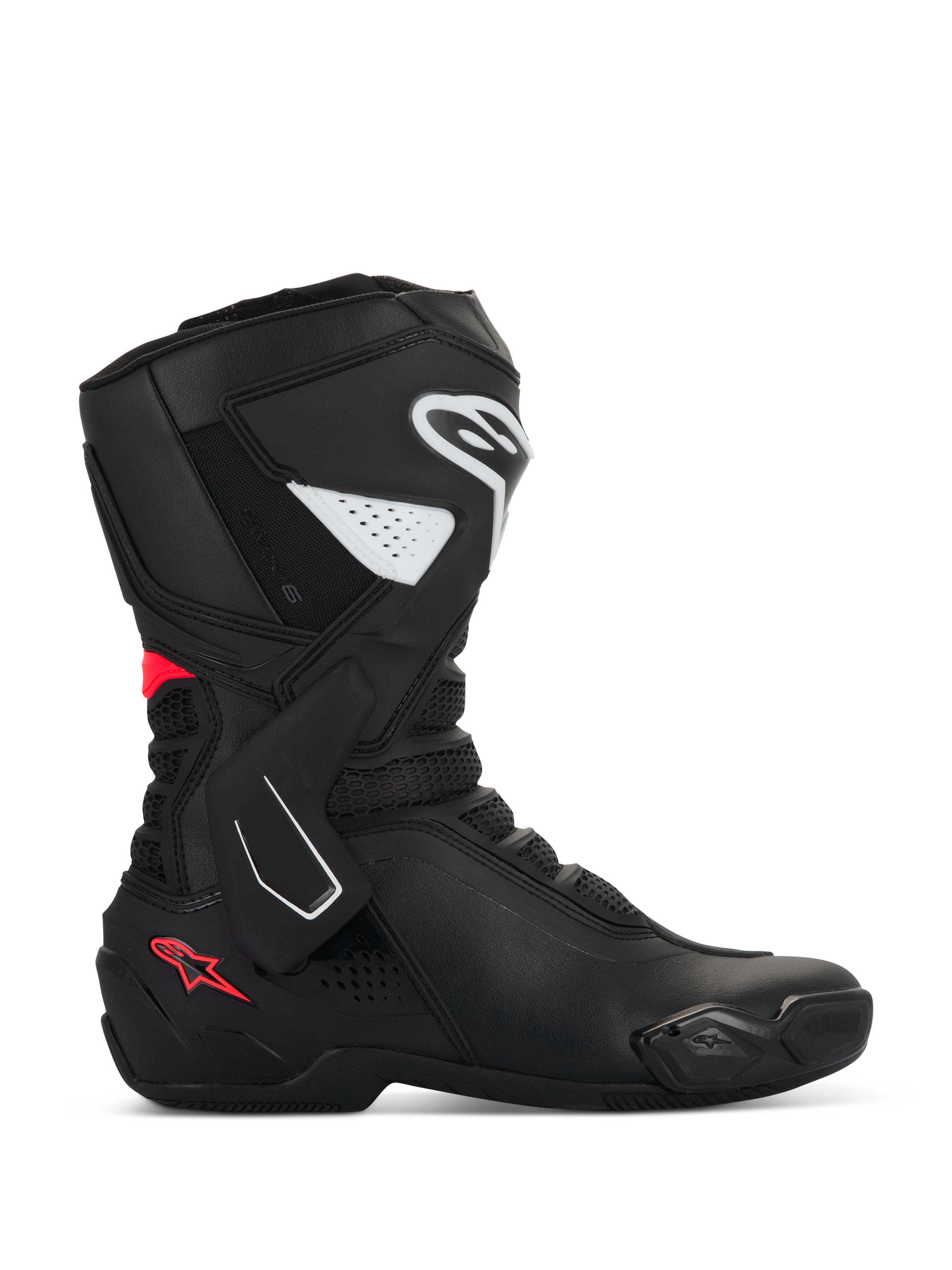 Buty Alpinestars Stella SMX-6 V3, damskie sportowe buty motocyklowe, czarne z białymi i różowymi akcentami Diva Pink, profil boczny, ochrona goleni i kostki TPU, elastyczne panele mesh, konstrukcja z wydajnej mikrofibry na tor i ulicę