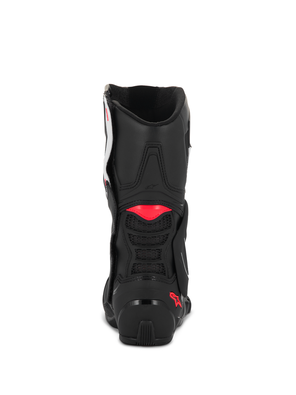 Buty Alpinestars Stella SMX-6 V3, Black White Diva Pink, widok z tyłu pokazujący konstrukcję z czarnej mikrofibry, różowe akcenty TPU na łydce i pięcie oraz zintegrowaną wentylację z siatki dla sportowej wydajności