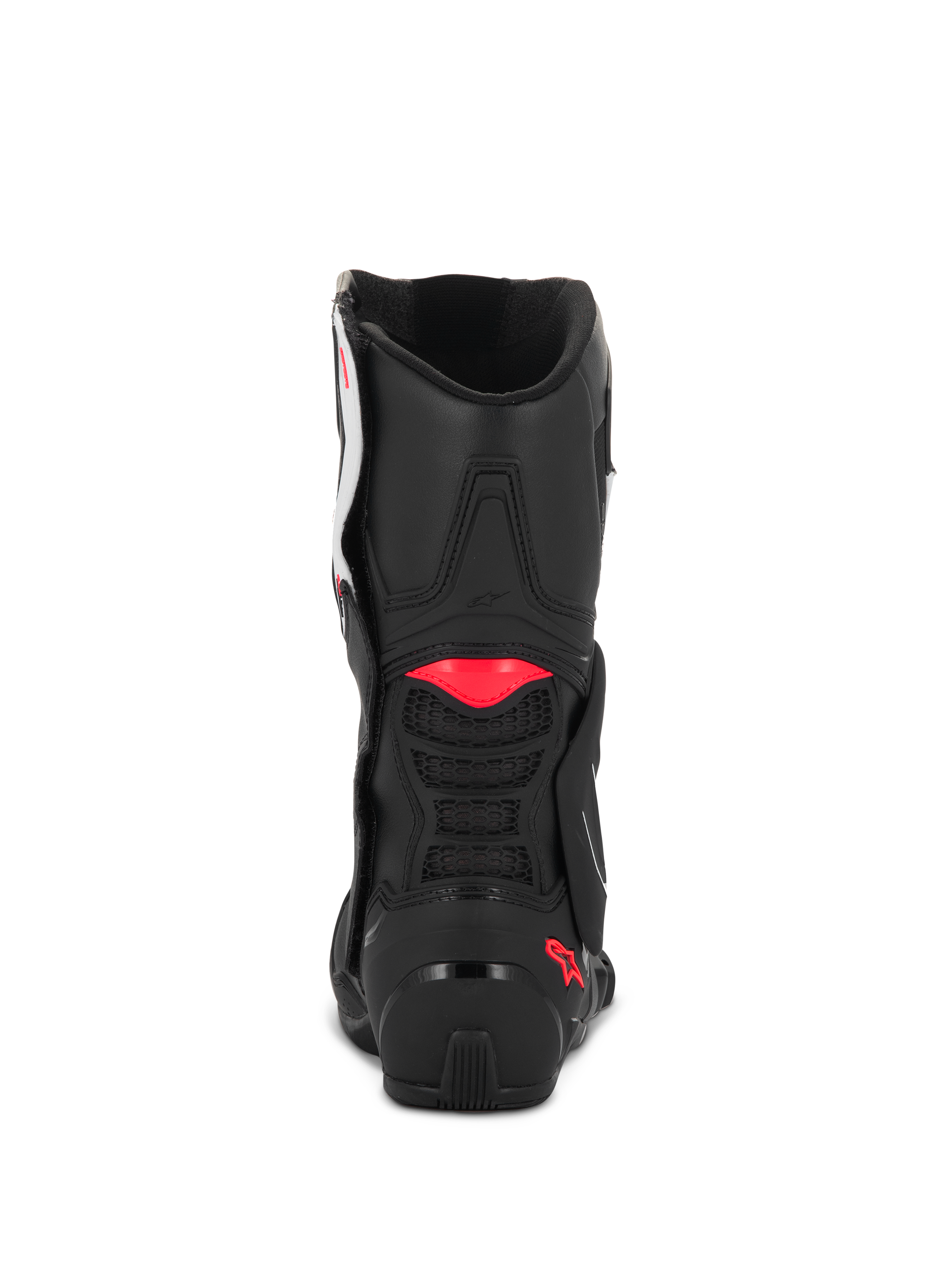 Buty Alpinestars Stella SMX-6 V3, Black White Diva Pink, widok z tyłu pokazujący konstrukcję z czarnej mikrofibry, różowe akcenty TPU na łydce i pięcie oraz zintegrowaną wentylację z siatki dla sportowej wydajności