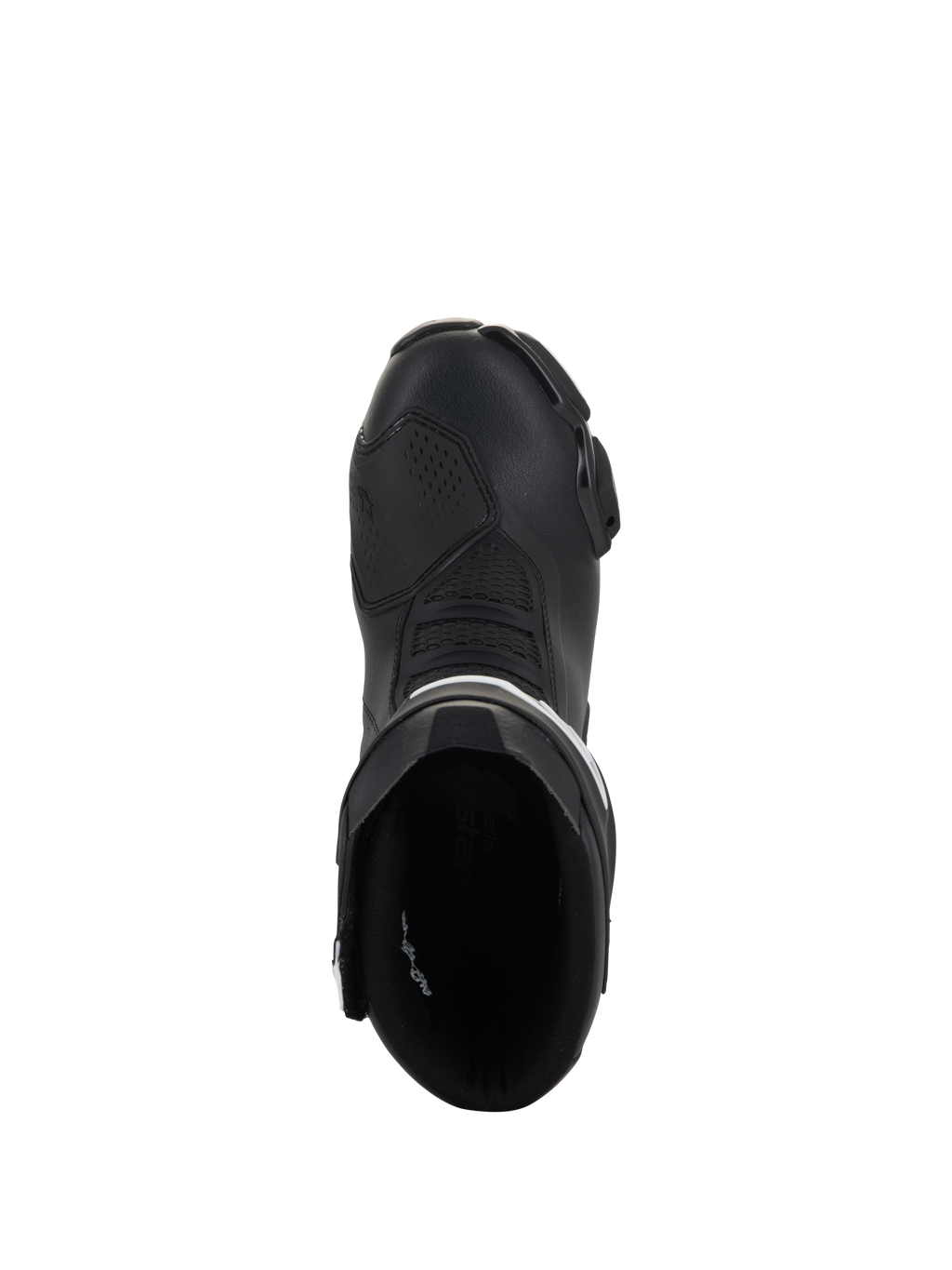 Buty Alpinestars Stella SMX-6 V3, damskie buty motocyklowe wyścigowe i sportowe, czarno-białe, widok z góry ukazujący otwór wejściowy i opływowy nosek, wytrzymała konstrukcja z mikrofibry