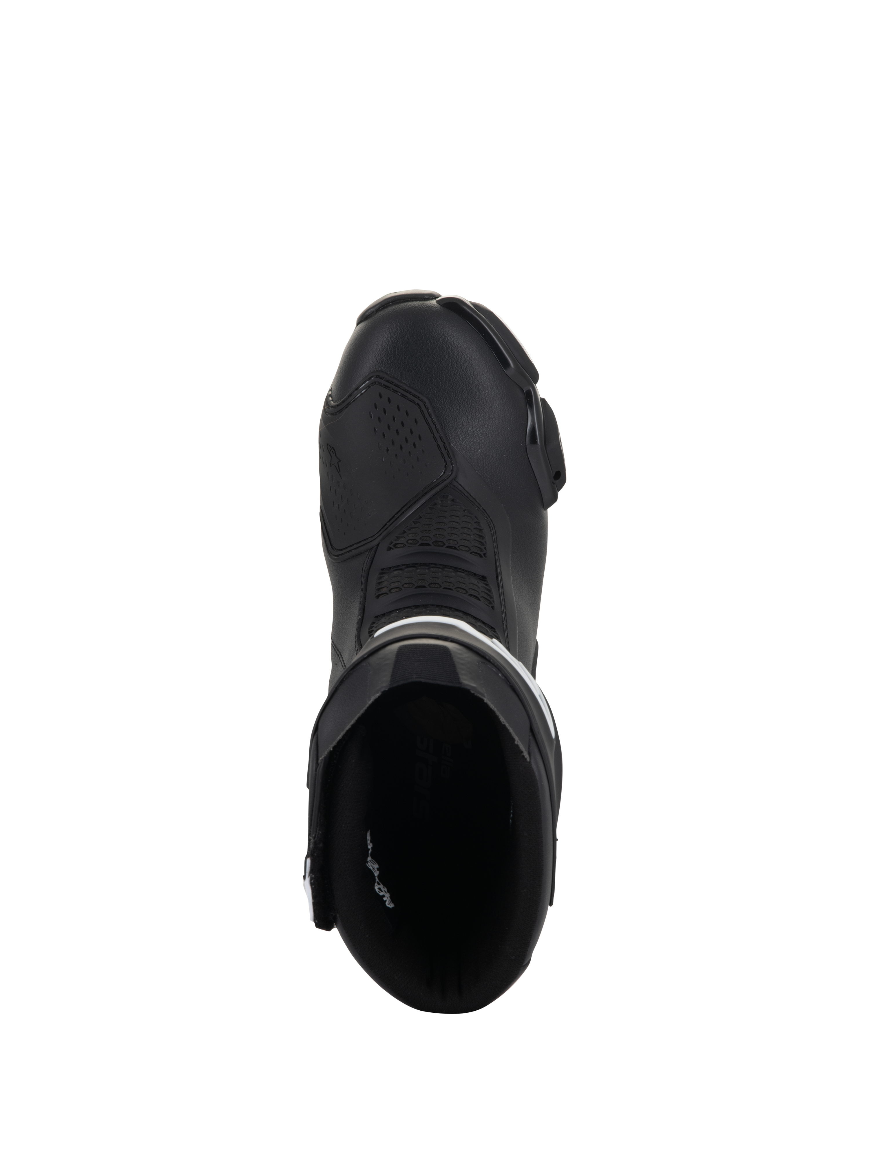Buty Alpinestars Stella SMX-6 V3, damskie buty motocyklowe wyścigowe i sportowe, czarno-białe, widok z góry ukazujący otwór wejściowy i opływowy nosek, wytrzymała konstrukcja z mikrofibry