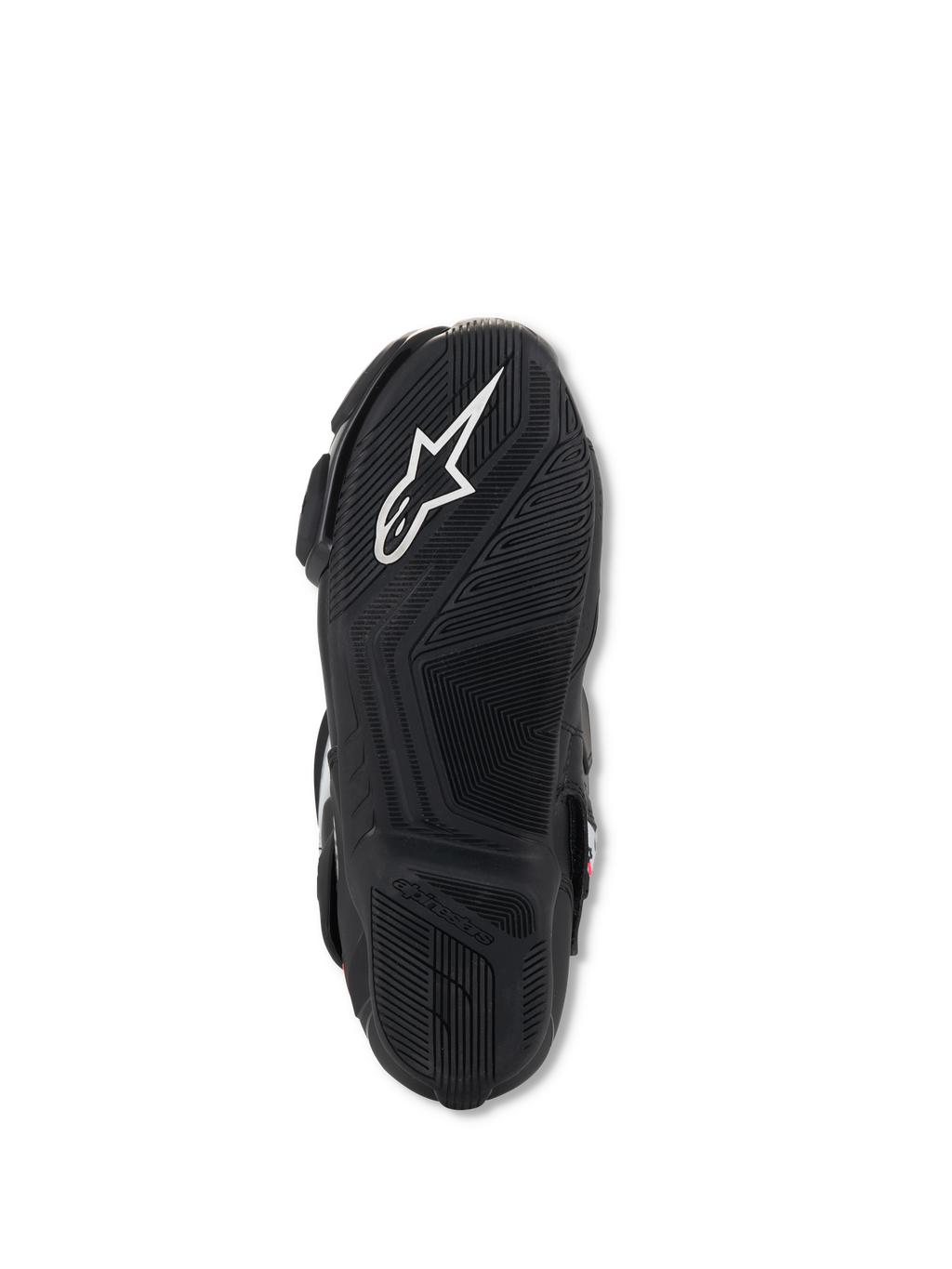 Buty Alpinestars Stella SMX-6 V3, widok podeszwy, czarna lekka guma z teksturowanym wzorem bieżnika, z białym logo Alpinestars i wytłoczonym brandingiem dla przyczepności i kontroli nad pedałami