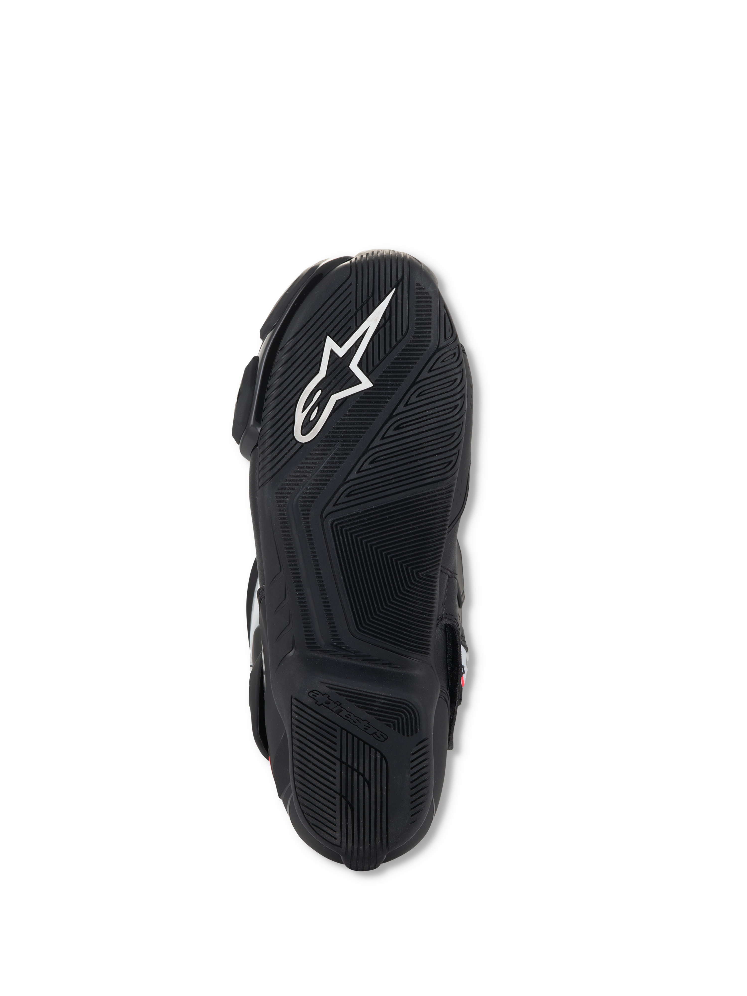 Buty Alpinestars Stella SMX-6 V3, widok podeszwy, czarna lekka guma z teksturowanym wzorem bieżnika, z białym logo Alpinestars i wytłoczonym brandingiem dla przyczepności i kontroli nad pedałami