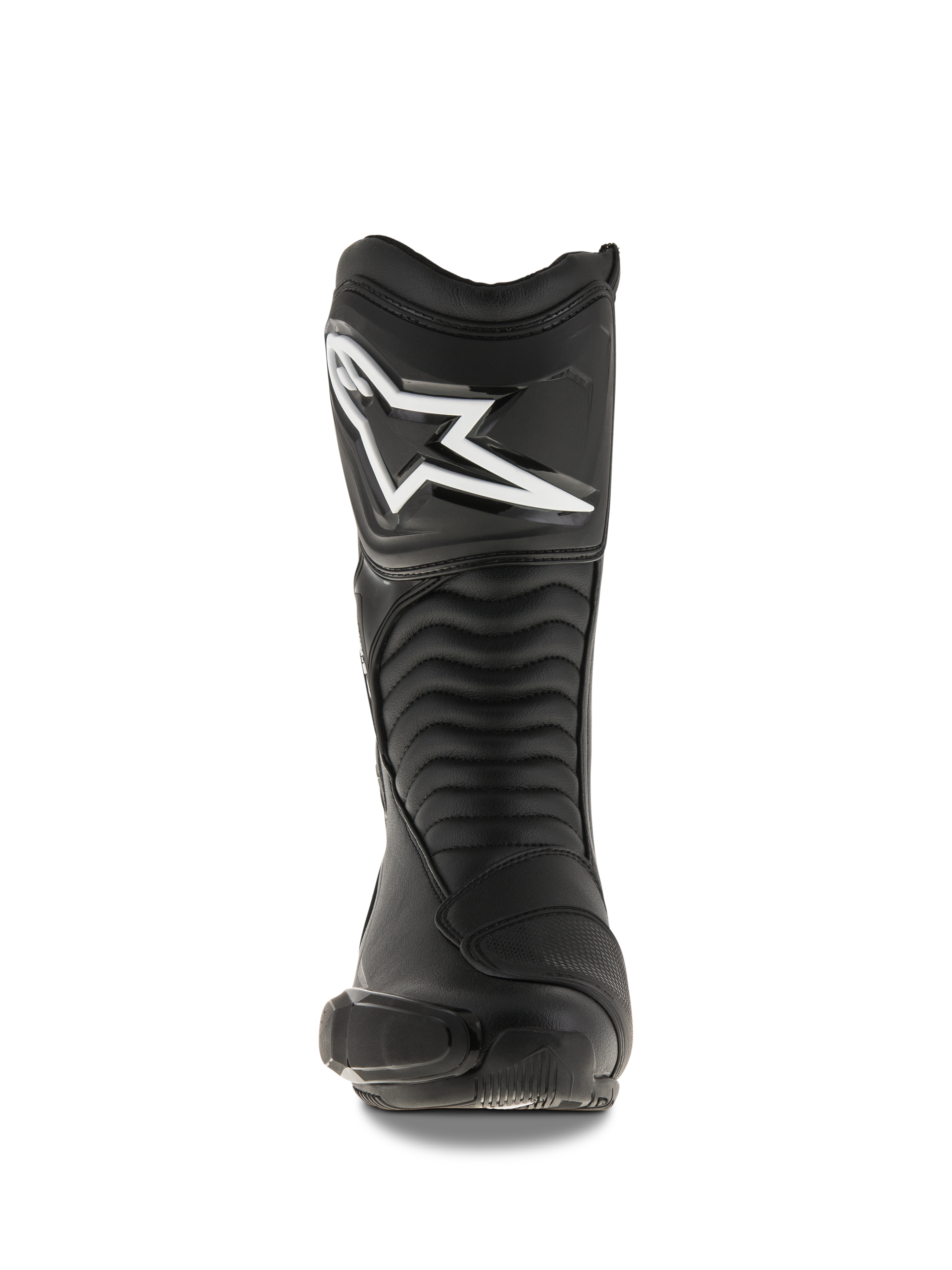 Buty Alpinestars SMX S, czarne buty motocyklowe, widok z przodu ukazujący duże białe logo Alpinestars na ochraniaczu goleni, elastyczne panele harmonijkowe oraz trwałą konstrukcję z mikrofibry z ochronnymi osłonami PU