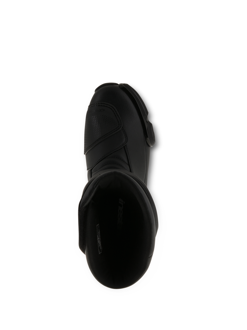 Buty Alpinestars SMX S, czarne buty motocyklowe, widok z góry na otwór wewnętrzny, całkowicie czarna konstrukcja z mikrofibry ze wzmocnioną nakładką do zmiany biegów i ergonomiczną konstrukcją ochronną