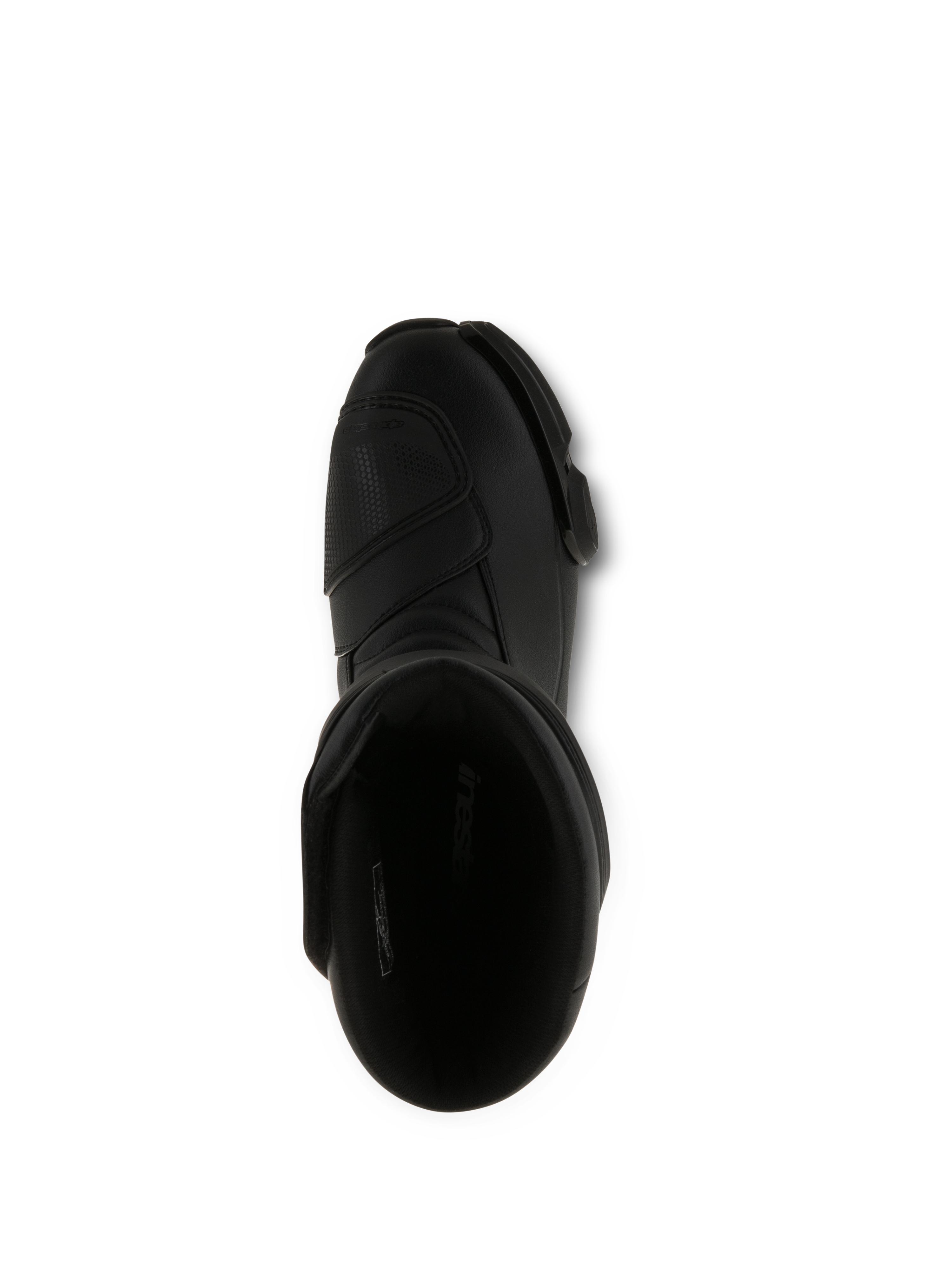 Buty Alpinestars SMX S, czarne buty motocyklowe, widok z góry na otwór wewnętrzny, całkowicie czarna konstrukcja z mikrofibry ze wzmocnioną nakładką do zmiany biegów i ergonomiczną konstrukcją ochronną