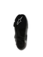 Alpinestars SMX S Boots, czarne, widok podeszwy pokazujący teksturowaną mieszankę gumową i białe logo Alpinestars, wyczynowe obuwie motocyklowe