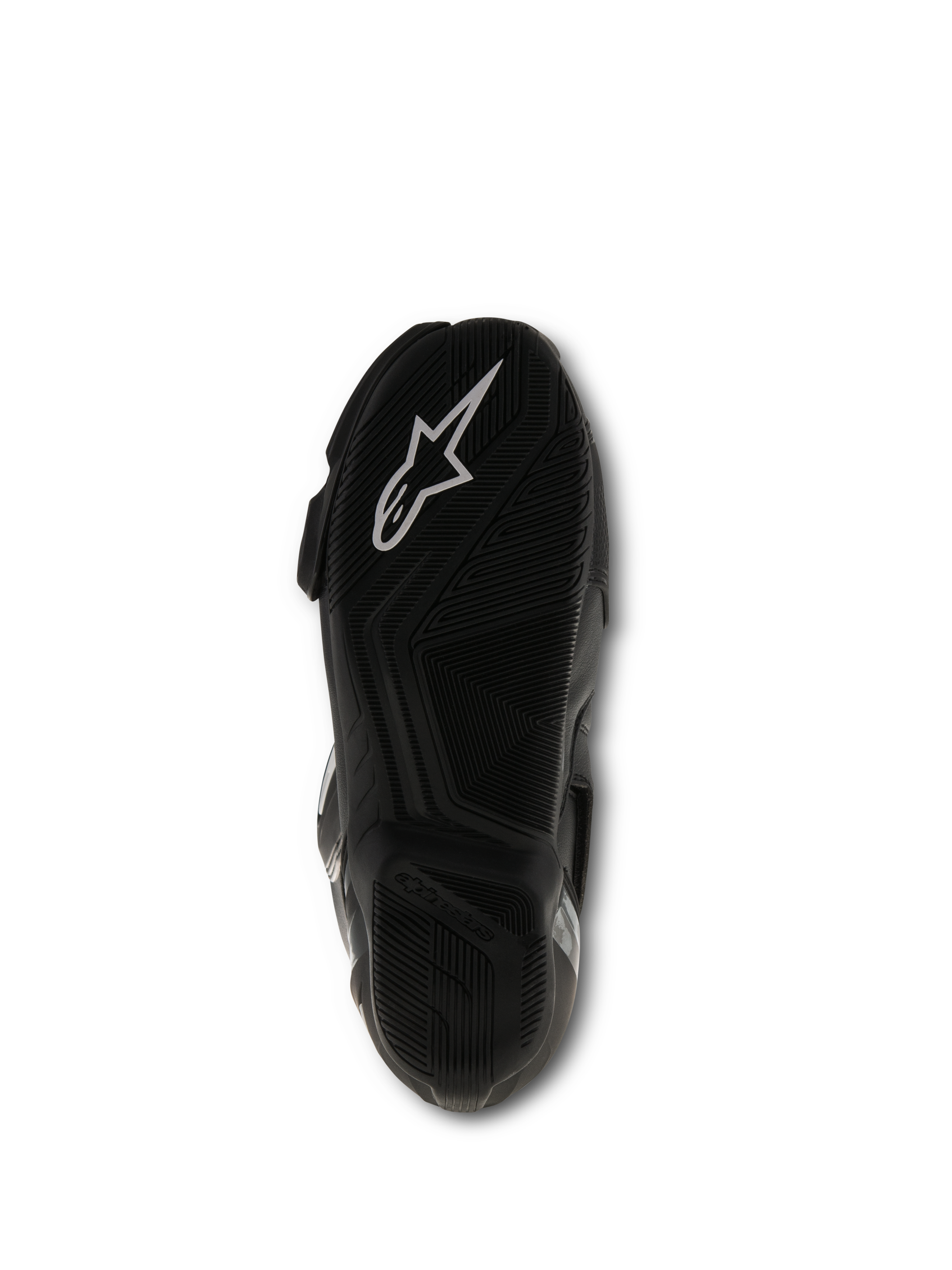 Alpinestars SMX S Boots, czarne, widok podeszwy pokazujący teksturowaną mieszankę gumową i białe logo Alpinestars, wyczynowe obuwie motocyklowe