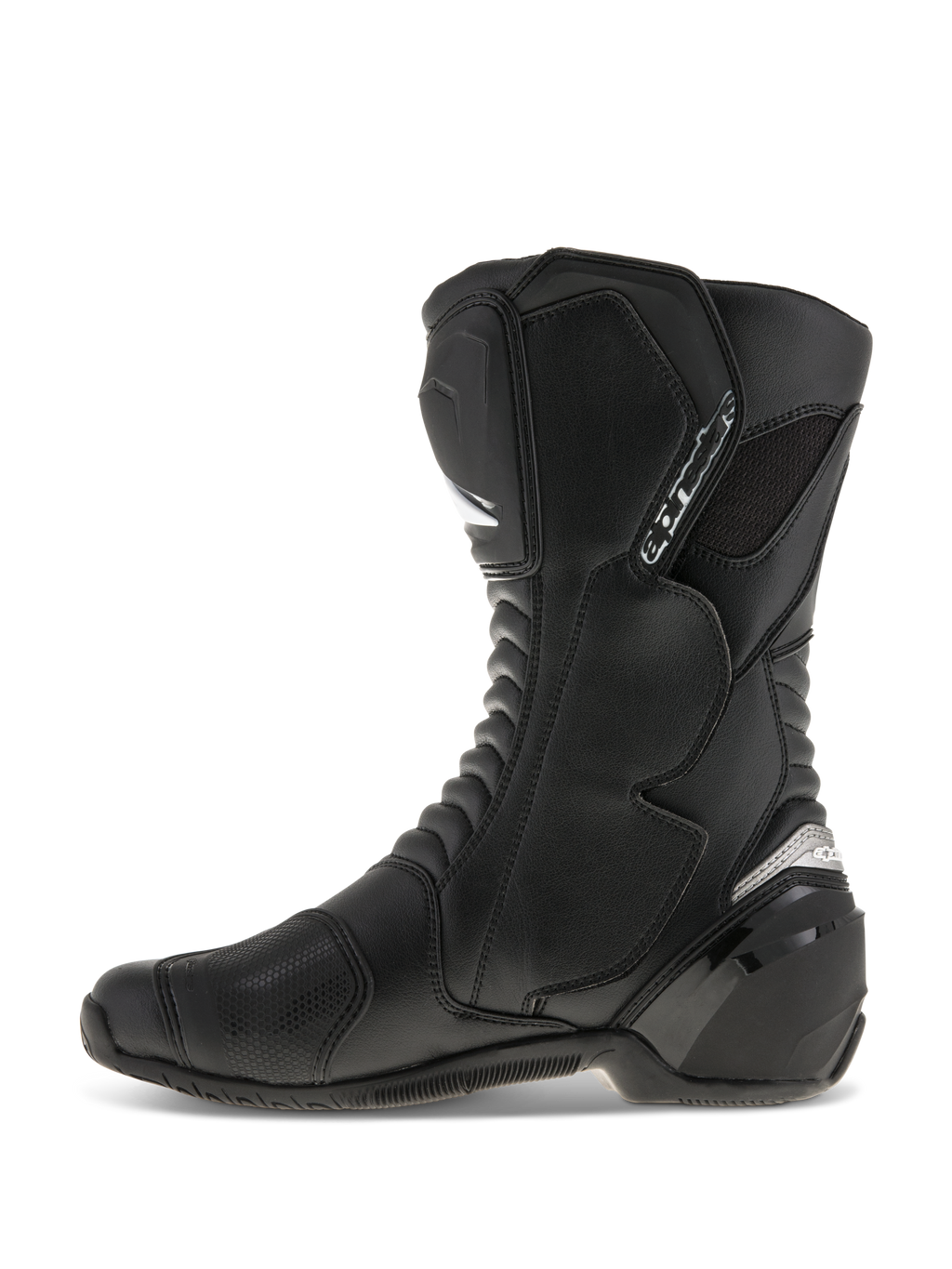 Buty Alpinestars SMX S, buty motocyklowe, czarne, widok z boku, trwała cholewka z mikrofibry, ochraniacze goleni i pięty z PU, ergonomiczny design do jazdy sportowej i szosowej