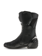 Buty Alpinestars SMX S, buty motocyklowe, czarne, widok z boku, trwała cholewka z mikrofibry, ochraniacze goleni i pięty z PU, ergonomiczny design do jazdy sportowej i szosowej