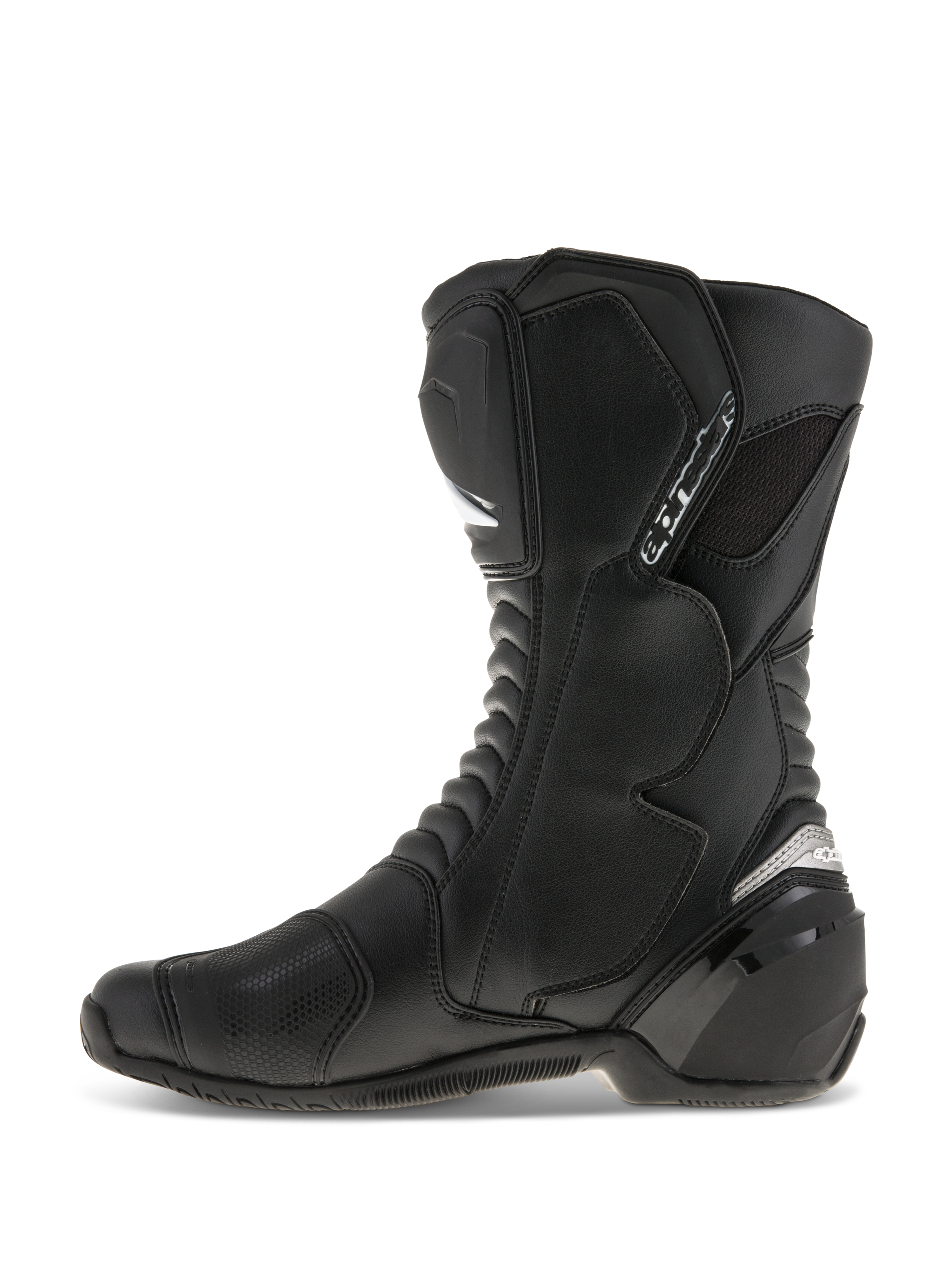 Buty Alpinestars SMX S, buty motocyklowe, czarne, widok z boku, trwała cholewka z mikrofibry, ochraniacze goleni i pięty z PU, ergonomiczny design do jazdy sportowej i szosowej