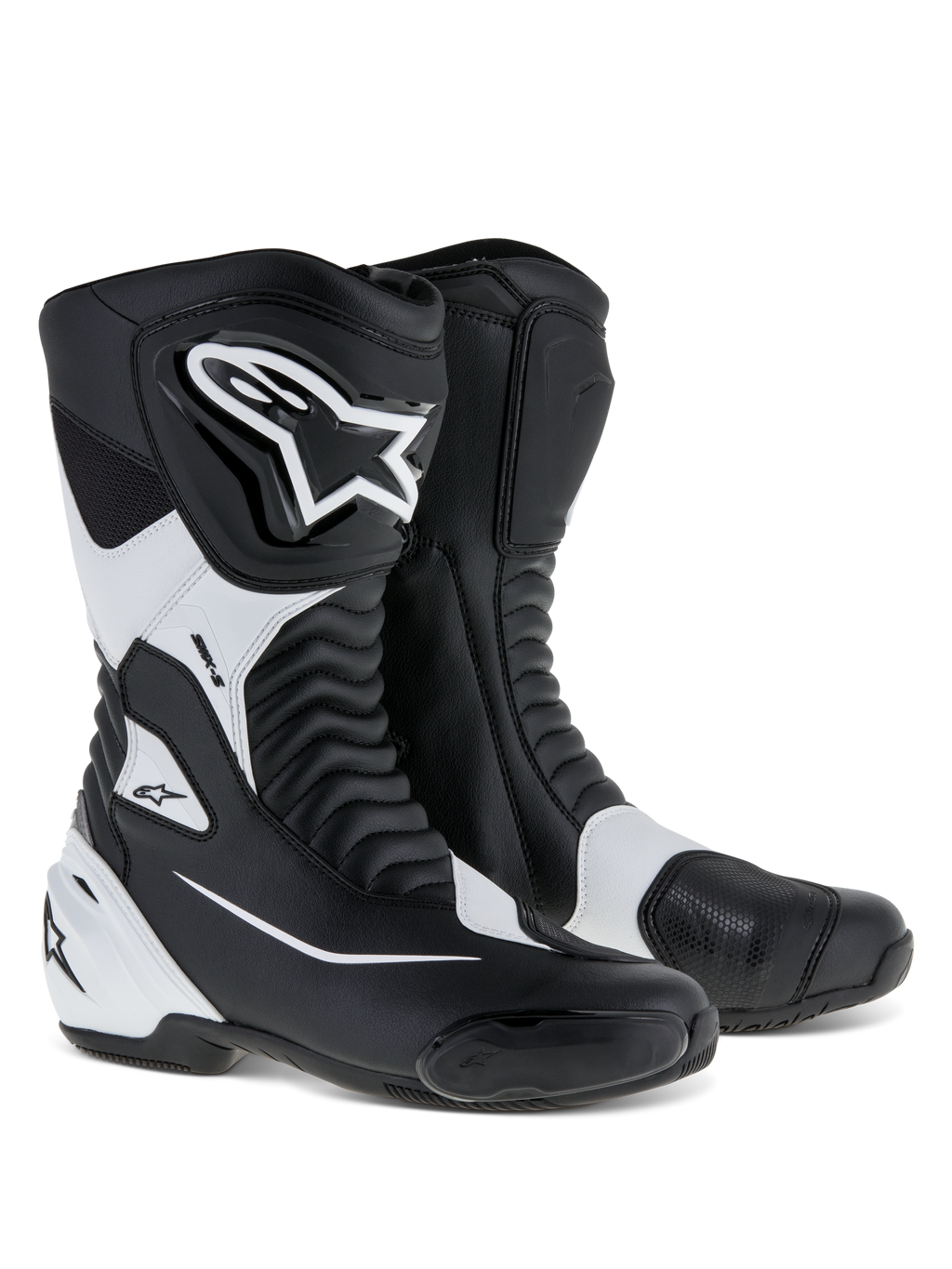 Alpinestars SMX S Boots, sportowe buty motocyklowe, czarno-białe, z wytrzymałą cholewką z mikrofibry, osłonami goleni i pięty z PU, harmonijkowymi panelami elastycznymi i wyraźnym logo Alpinestars, profesjonalne obuwie szosowe