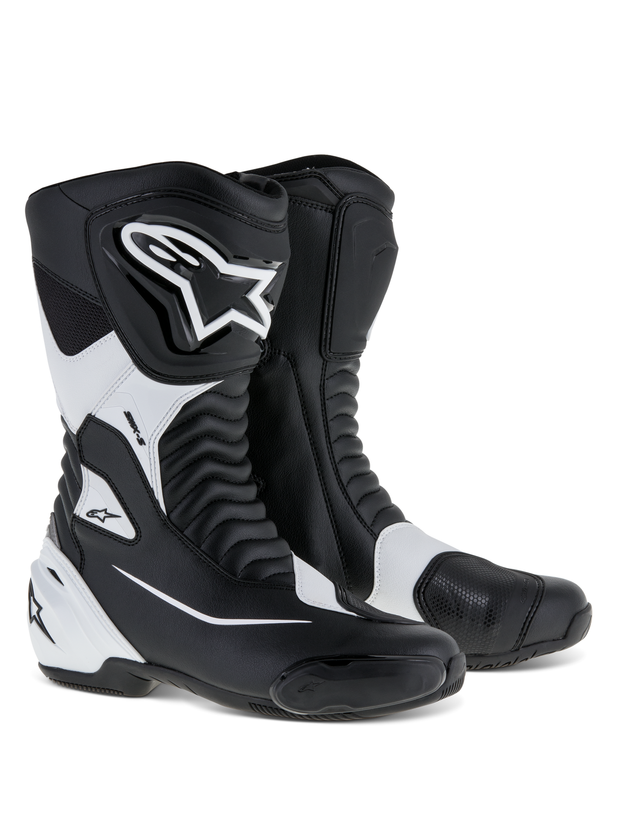 Alpinestars SMX S Boots, sportowe buty motocyklowe, czarno-białe, z wytrzymałą cholewką z mikrofibry, osłonami goleni i pięty z PU, harmonijkowymi panelami elastycznymi i wyraźnym logo Alpinestars, profesjonalne obuwie szosowe
