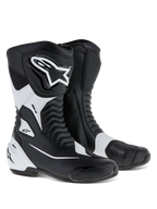 Alpinestars SMX S Boots, sportowe buty motocyklowe, czarno-białe, z wytrzymałą cholewką z mikrofibry, osłonami goleni i pięty z PU, harmonijkowymi panelami elastycznymi i wyraźnym logo Alpinestars, profesjonalne obuwie szosowe