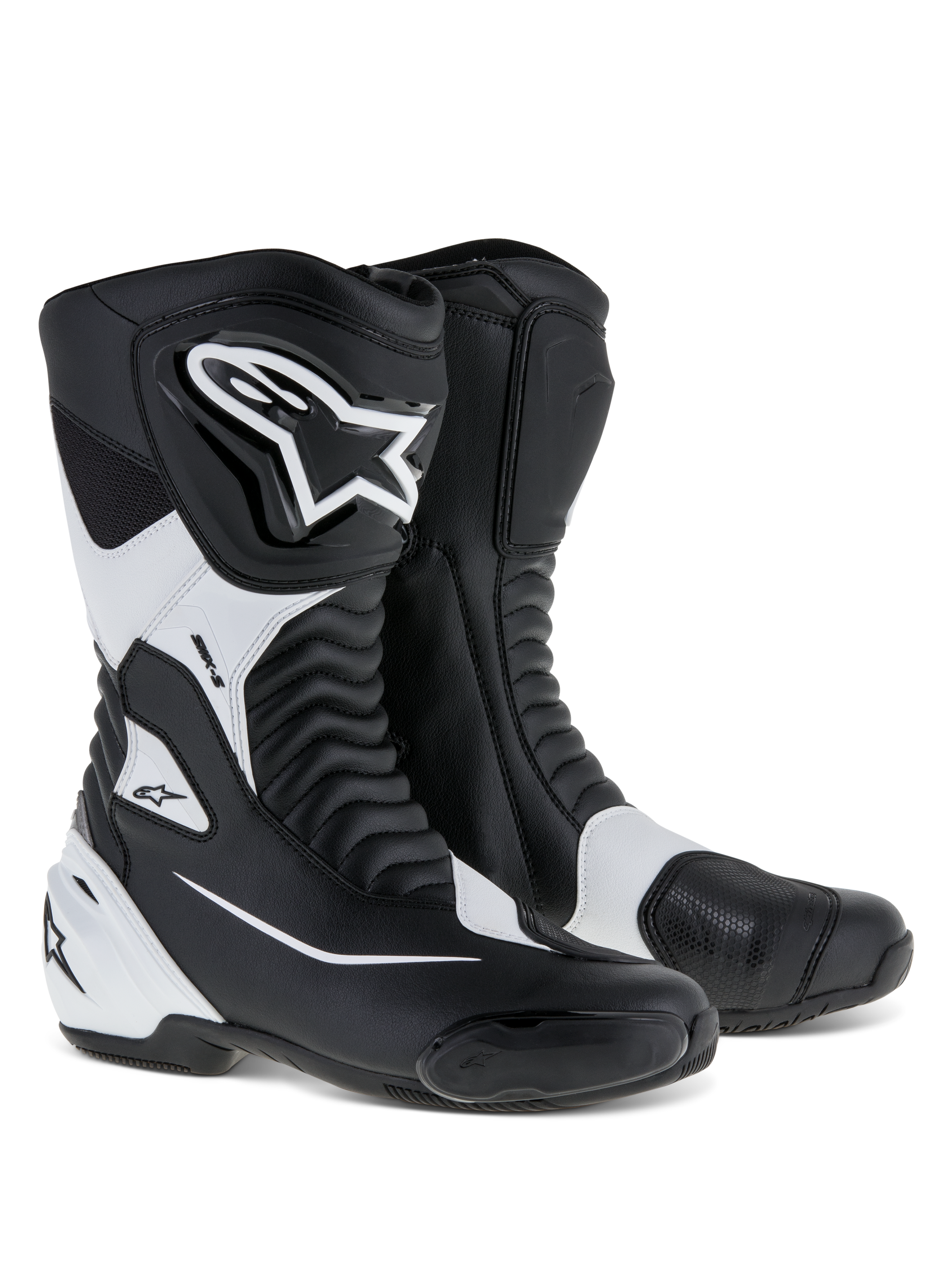 Alpinestars SMX S Boots, sportowe buty motocyklowe, czarno-białe, z wytrzymałą cholewką z mikrofibry, osłonami goleni i pięty z PU, harmonijkowymi panelami elastycznymi i wyraźnym logo Alpinestars, profesjonalne obuwie szosowe