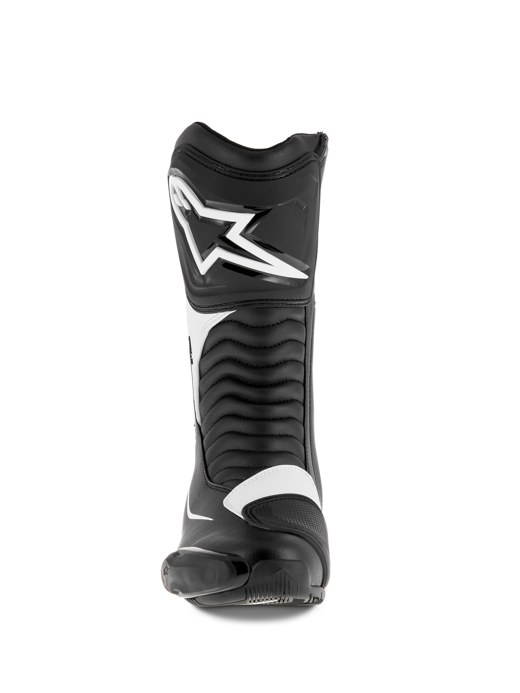 Alpinestars SMX S Boots, buty motocyklowe, czarno-białe, widok z przodu z dużym białym logo Alpinestars na goleni, harmonijkowymi panelami elastycznymi i trwałą konstrukcją z mikrofibry z ochronnymi osłonami PU