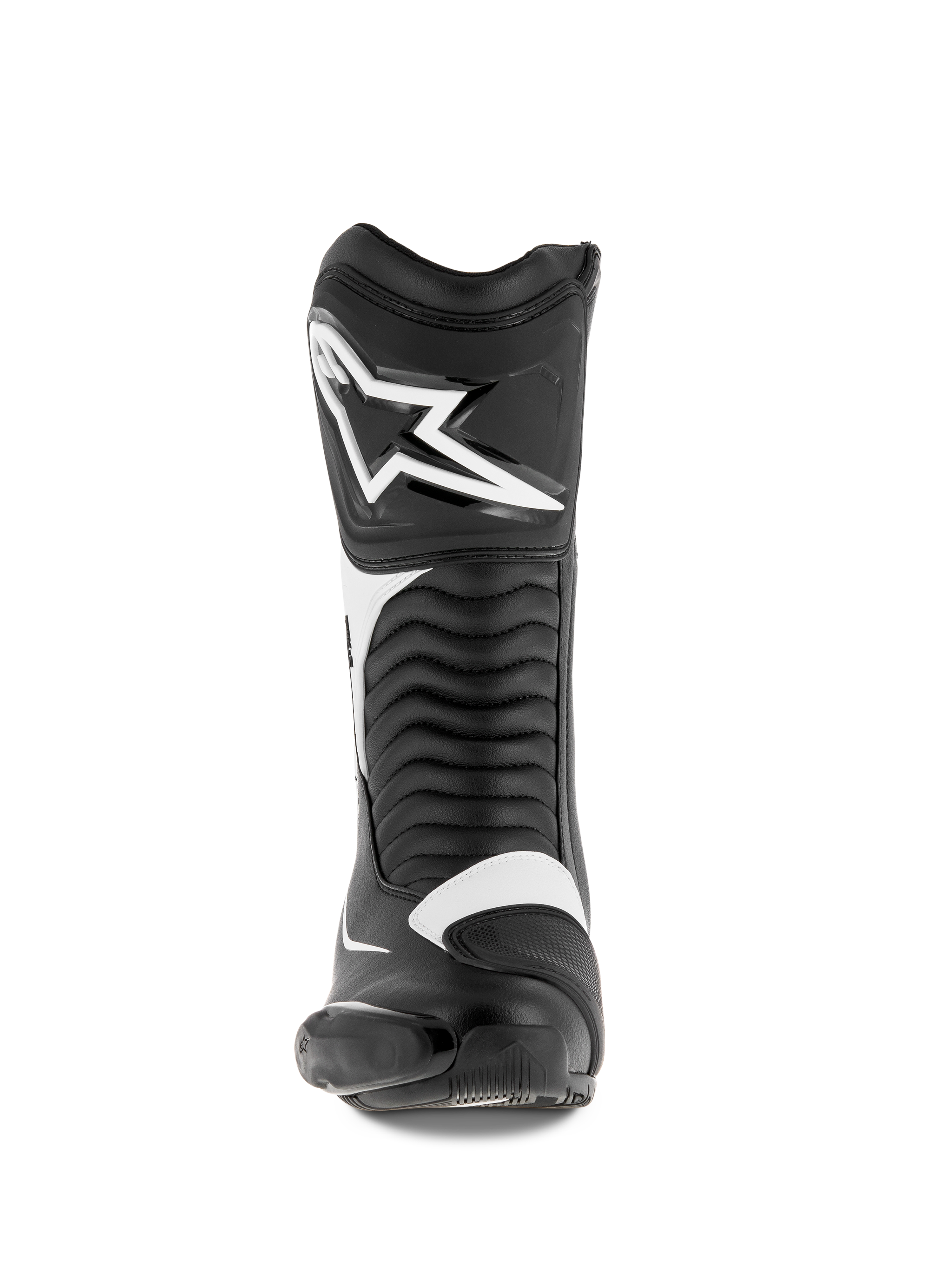 Alpinestars SMX S Boots, buty motocyklowe, czarno-białe, widok z przodu z dużym białym logo Alpinestars na goleni, harmonijkowymi panelami elastycznymi i trwałą konstrukcją z mikrofibry z ochronnymi osłonami PU