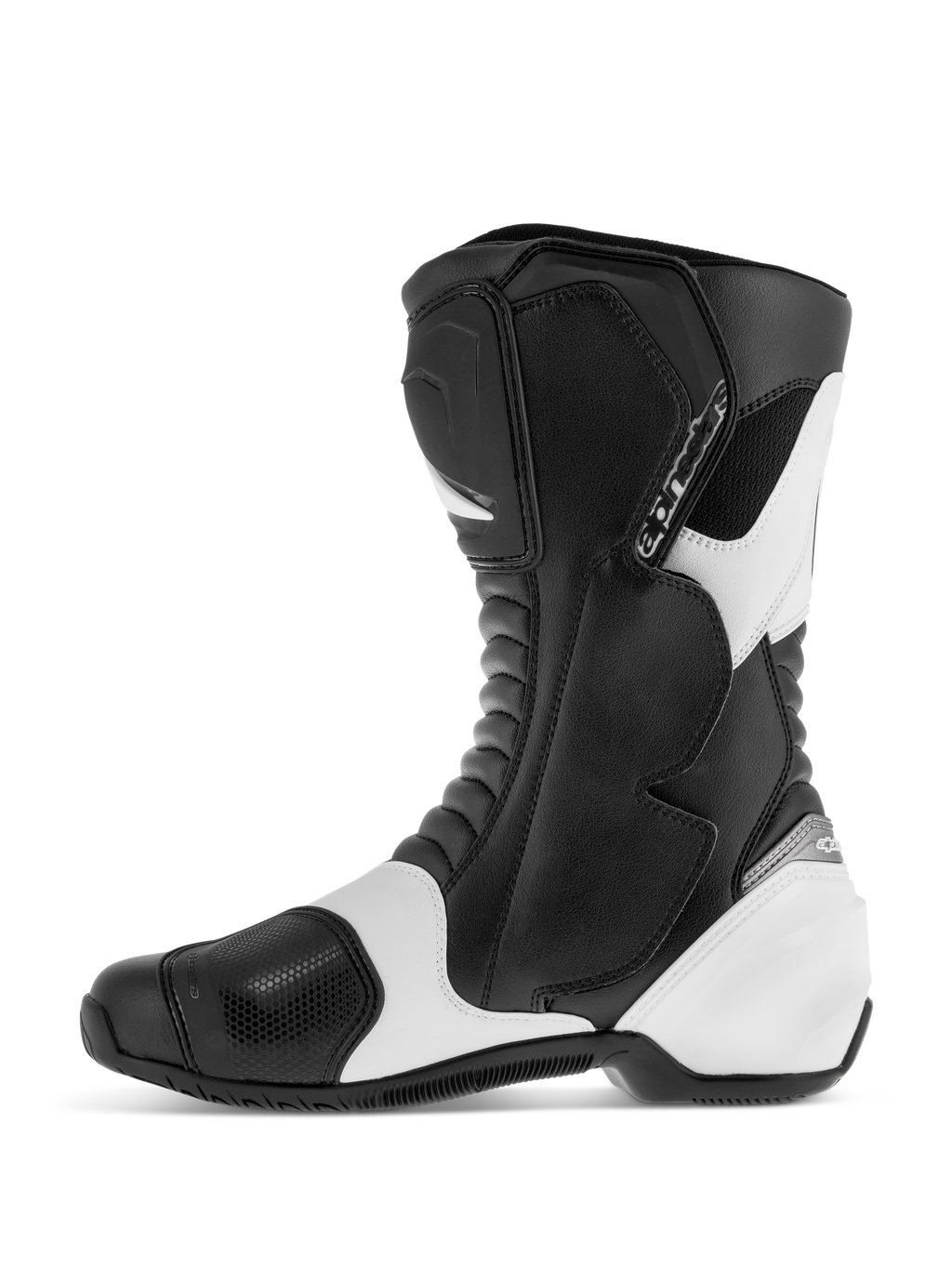 Alpinestars SMX S Boots, sportowe buty motocyklowe szosowe, czarno-białe, profil boczny ukazujący trwałą cholewkę z mikrofibry ze wzmocnionymi ochraniaczami goleni, kostek i pięt, białe panele akcentujące, harmonijkowe strefy elastyczne