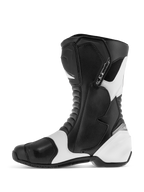 Alpinestars SMX S Boots, sportowe buty motocyklowe szosowe, czarno-białe, profil boczny ukazujący trwałą cholewkę z mikrofibry ze wzmocnionymi ochraniaczami goleni, kostek i pięt, białe panele akcentujące, harmonijkowe strefy elastyczne
