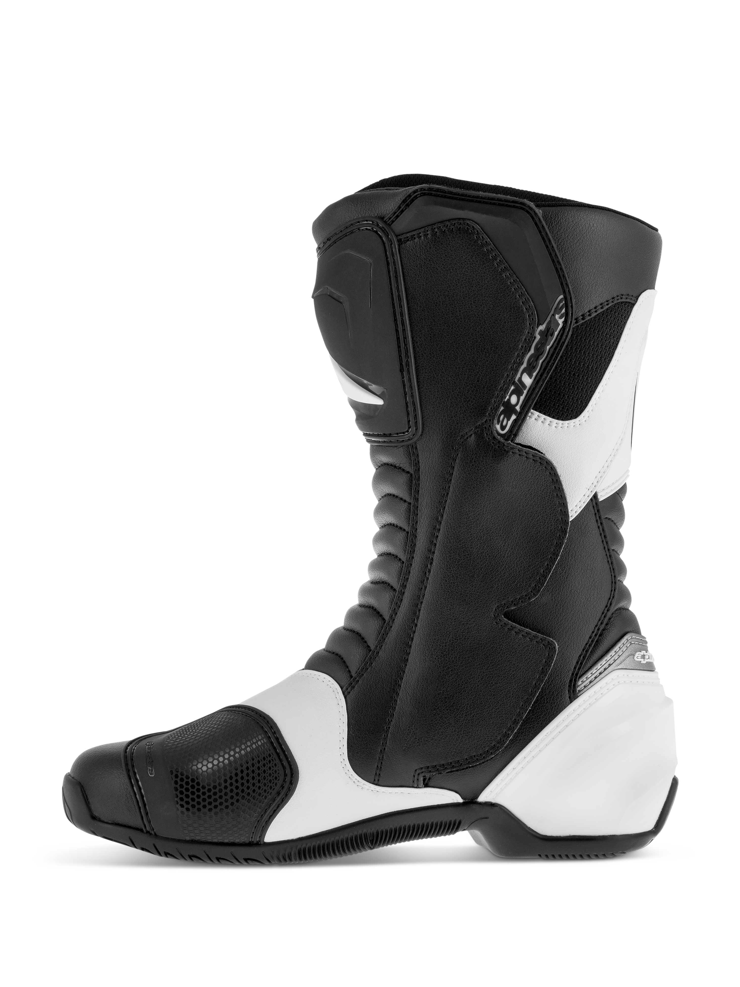 Alpinestars SMX S Boots, sportowe buty motocyklowe szosowe, czarno-białe, profil boczny ukazujący trwałą cholewkę z mikrofibry ze wzmocnionymi ochraniaczami goleni, kostek i pięt, białe panele akcentujące, harmonijkowe strefy elastyczne