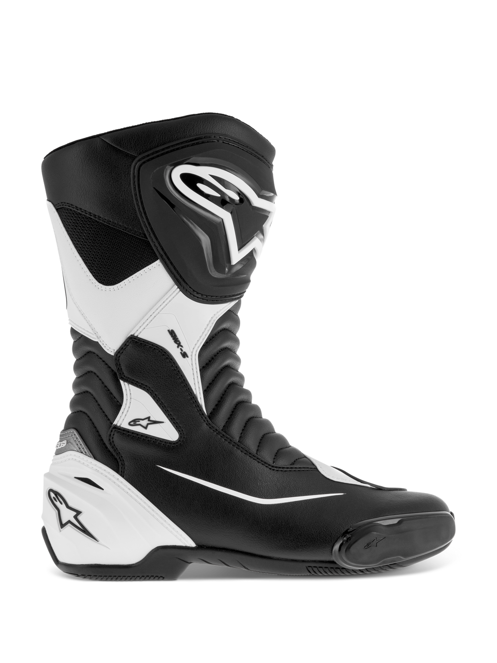 Alpinestars SMX S Boots, wyścigowe buty motocyklowe, czarno-białe, trwała cholewka z mikrofibry, ochronne osłony goleni i pięty z PU, harmonijkowe strefy elastyczne, zintegrowany ślizgacz palców, certyfikat CE do jazdy szosowej i sportowej