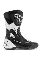 Alpinestars SMX S Boots, wyścigowe buty motocyklowe, czarno-białe, trwała cholewka z mikrofibry, ochronne osłony goleni i pięty z PU, harmonijkowe strefy elastyczne, zintegrowany ślizgacz palców, certyfikat CE do jazdy szosowej i sportowej