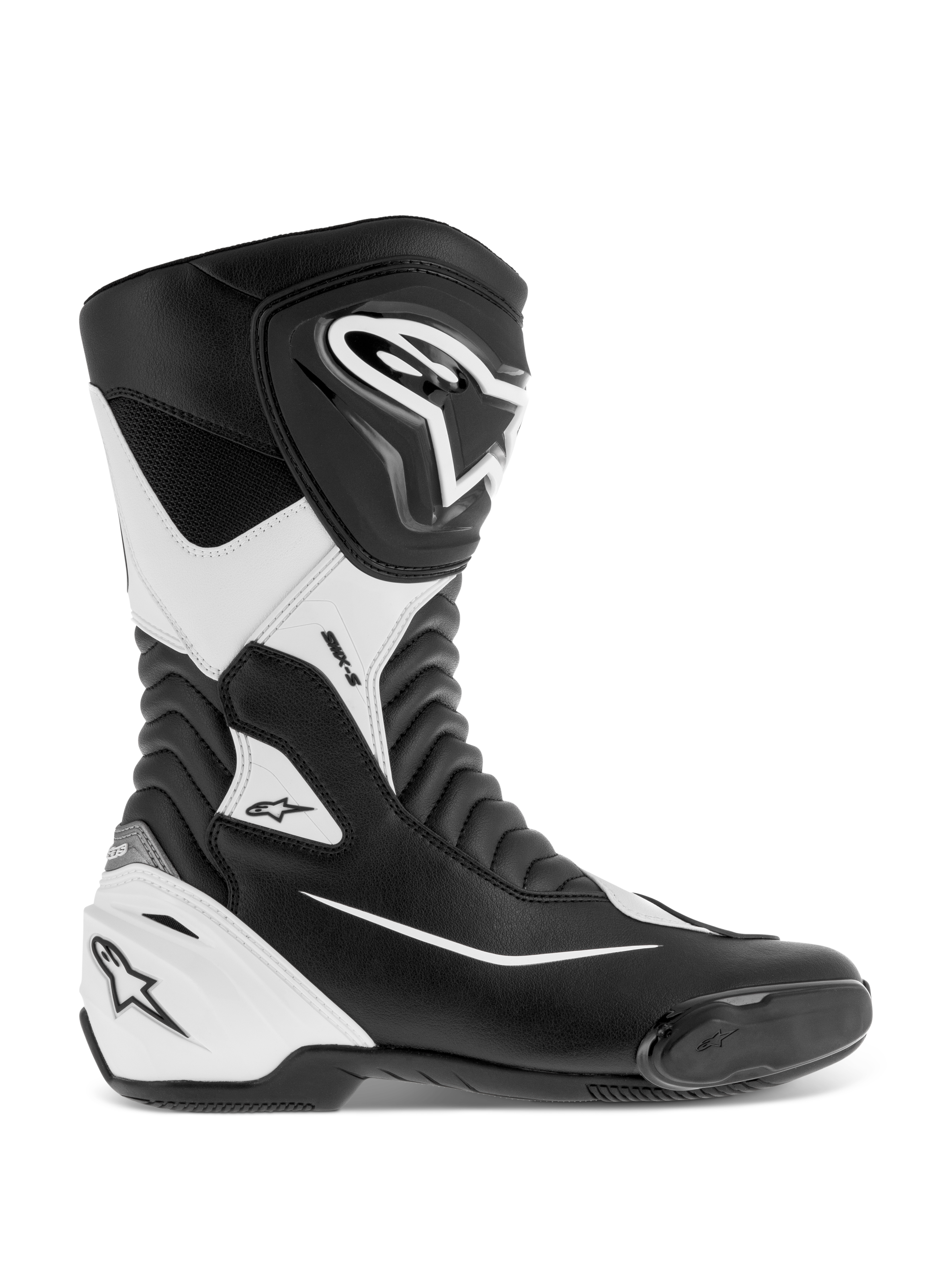 Alpinestars SMX S Boots, wyścigowe buty motocyklowe, czarno-białe, trwała cholewka z mikrofibry, ochronne osłony goleni i pięty z PU, harmonijkowe strefy elastyczne, zintegrowany ślizgacz palców, certyfikat CE do jazdy szosowej i sportowej