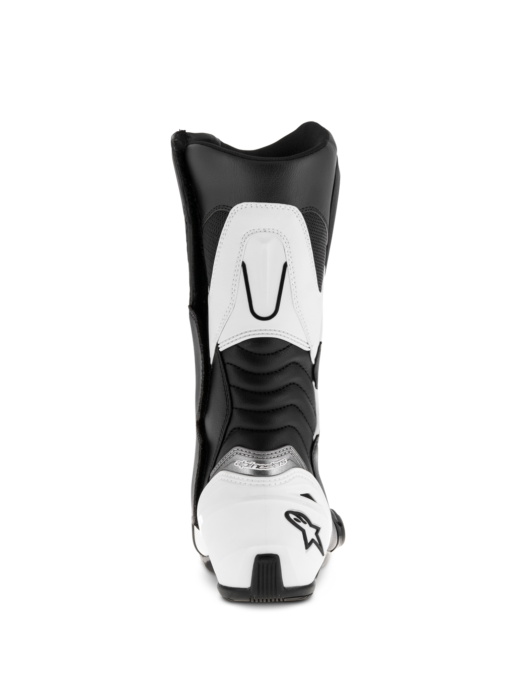 Buty Alpinestars SMX S, czarno-białe, widok z tyłu ukazujący biały ochraniacz pięty z czarnym logo gwiazdy, żebrowane elastyczne panele harmonijkowe oraz białe wzmocnienie górnej części łydki, trwałe sportowe buty motocyklowe z mikrofibry