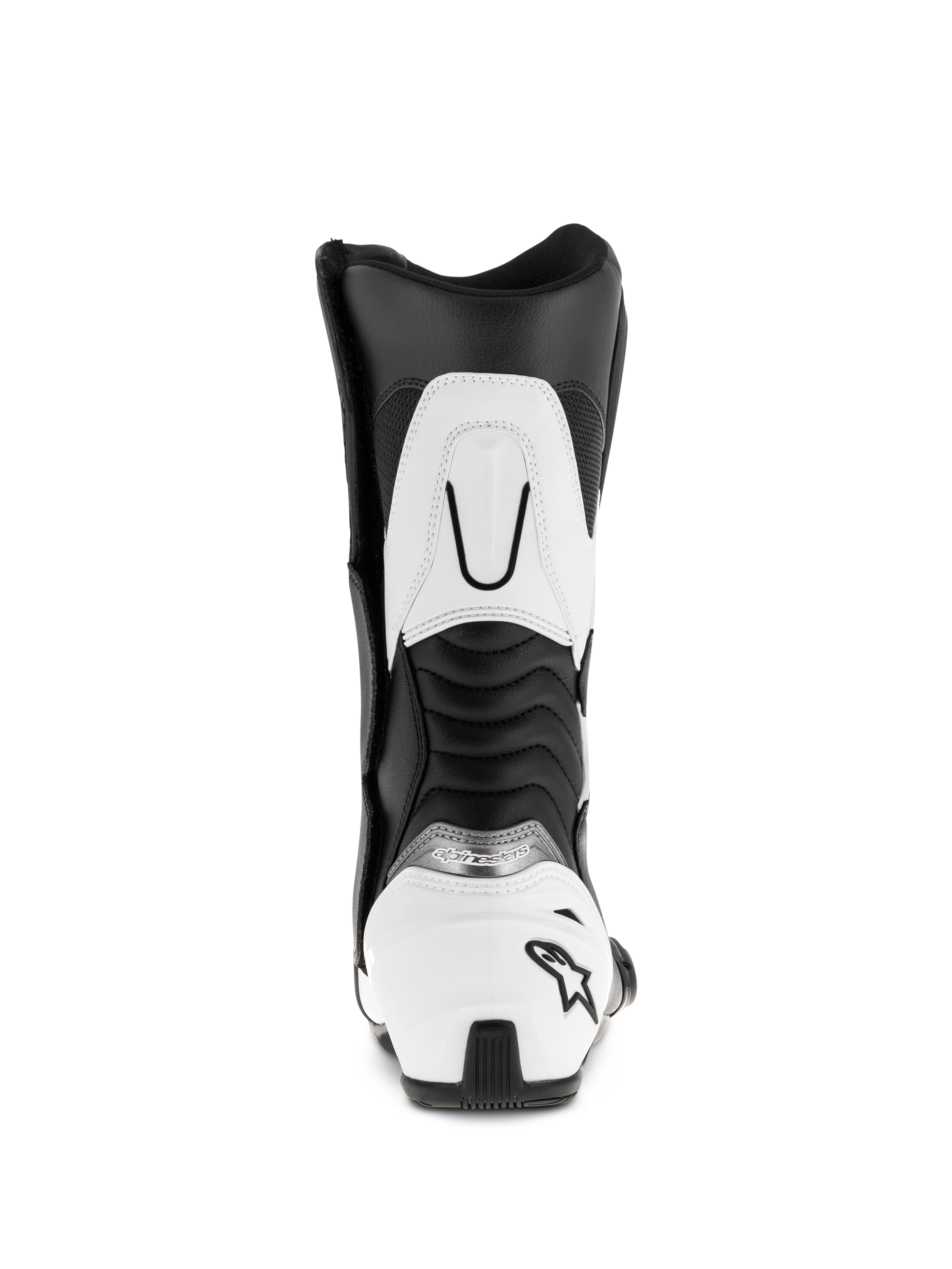 Buty Alpinestars SMX S, czarno-białe, widok z tyłu ukazujący biały ochraniacz pięty z czarnym logo gwiazdy, żebrowane elastyczne panele harmonijkowe oraz białe wzmocnienie górnej części łydki, trwałe sportowe buty motocyklowe z mikrofibry