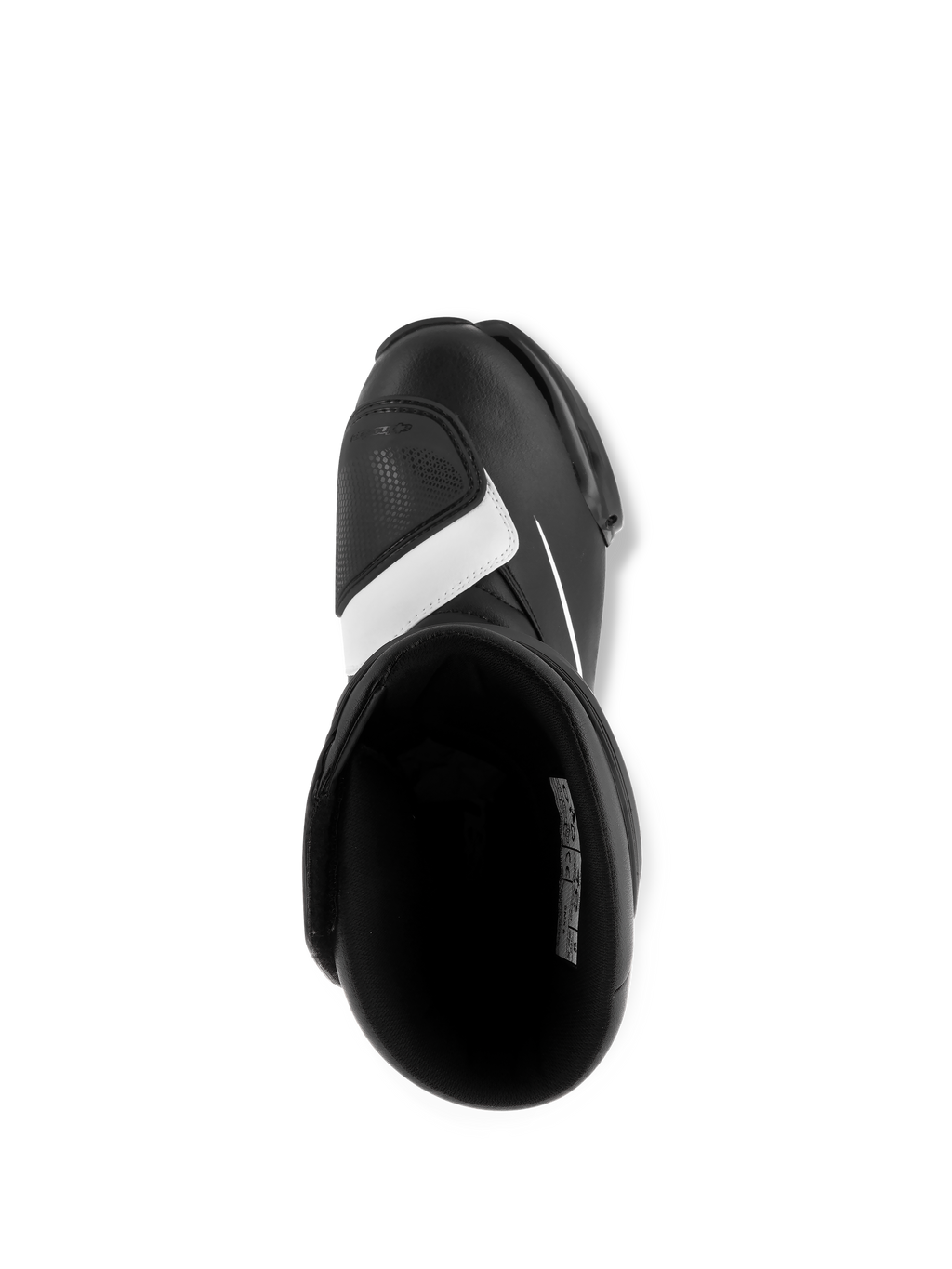 Buty Alpinestars SMX S, czarno-białe, widok z góry pokazujący wnętrze oraz nakładkę do zmiany biegów na palcach, wytrzymała konstrukcja z mikrofibry, sportowe obuwie motocyklowe