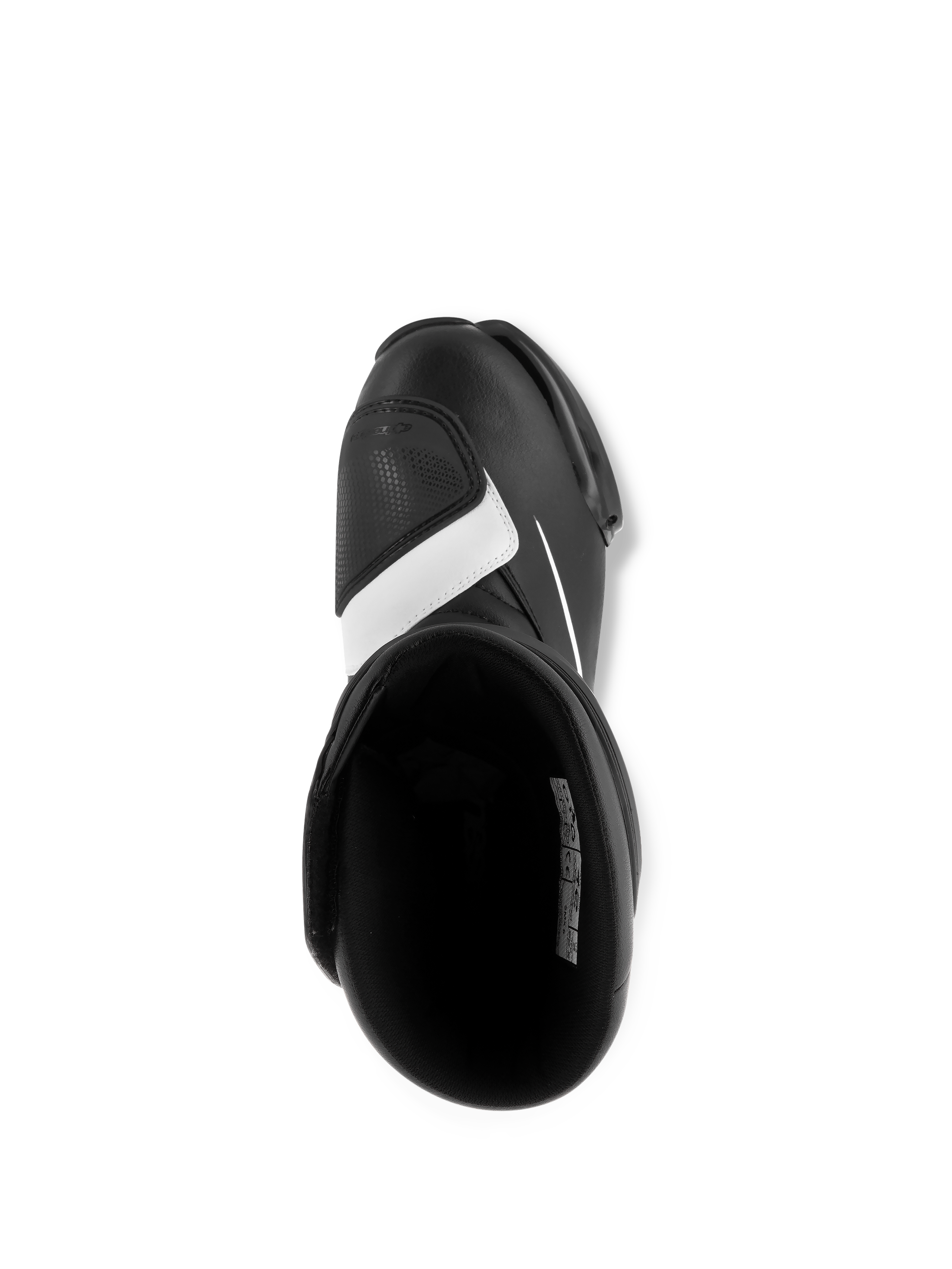Buty Alpinestars SMX S, czarno-białe, widok z góry pokazujący wnętrze oraz nakładkę do zmiany biegów na palcach, wytrzymała konstrukcja z mikrofibry, sportowe obuwie motocyklowe