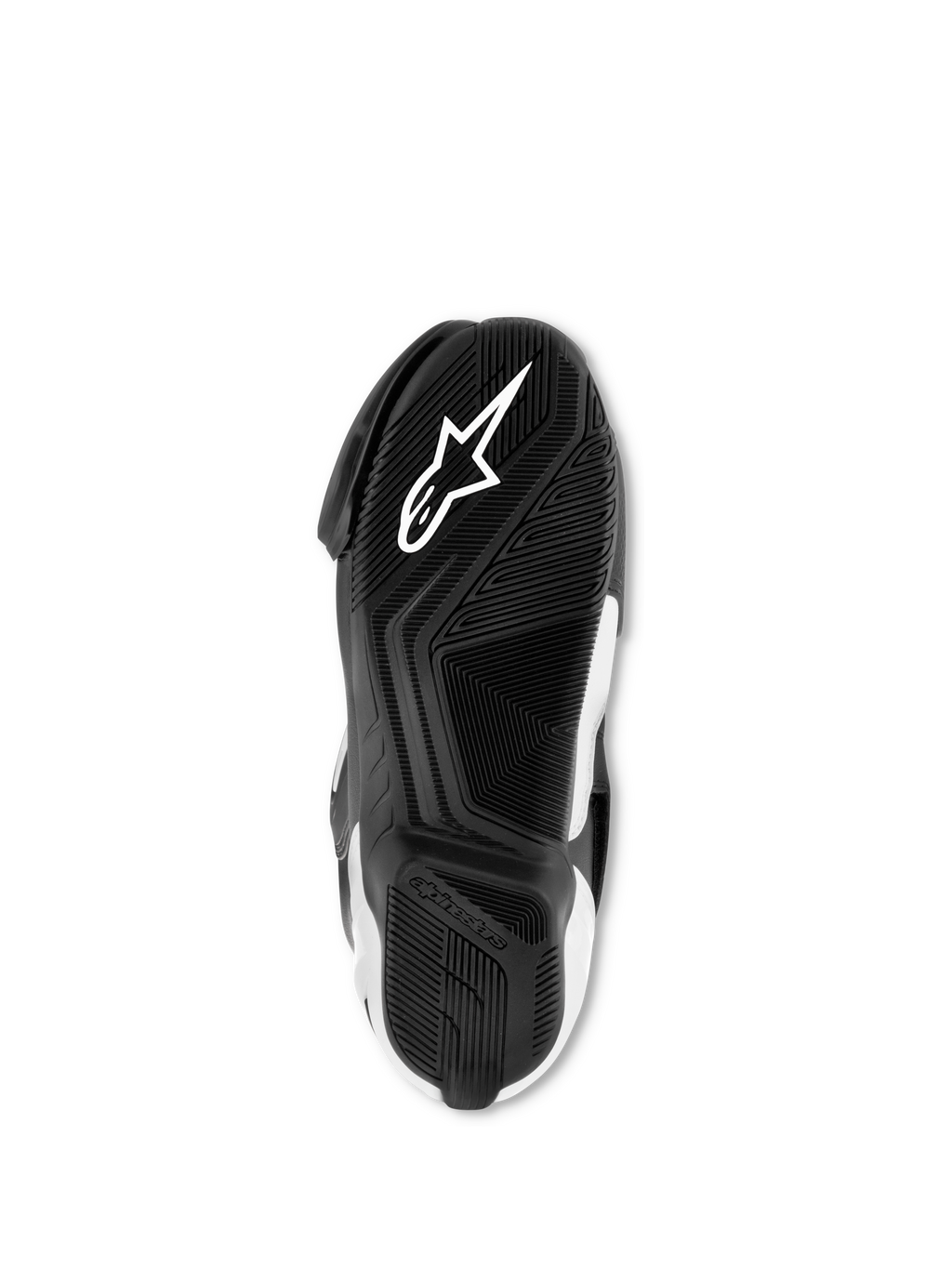 Buty Alpinestars SMX S, czarno-białe, widok od spodu na podeszwę z ekskluzywnej mieszanki gumy, z białym logo Astar i teksturowanym wzorem bieżnika dla przyczepności i wsparcia.