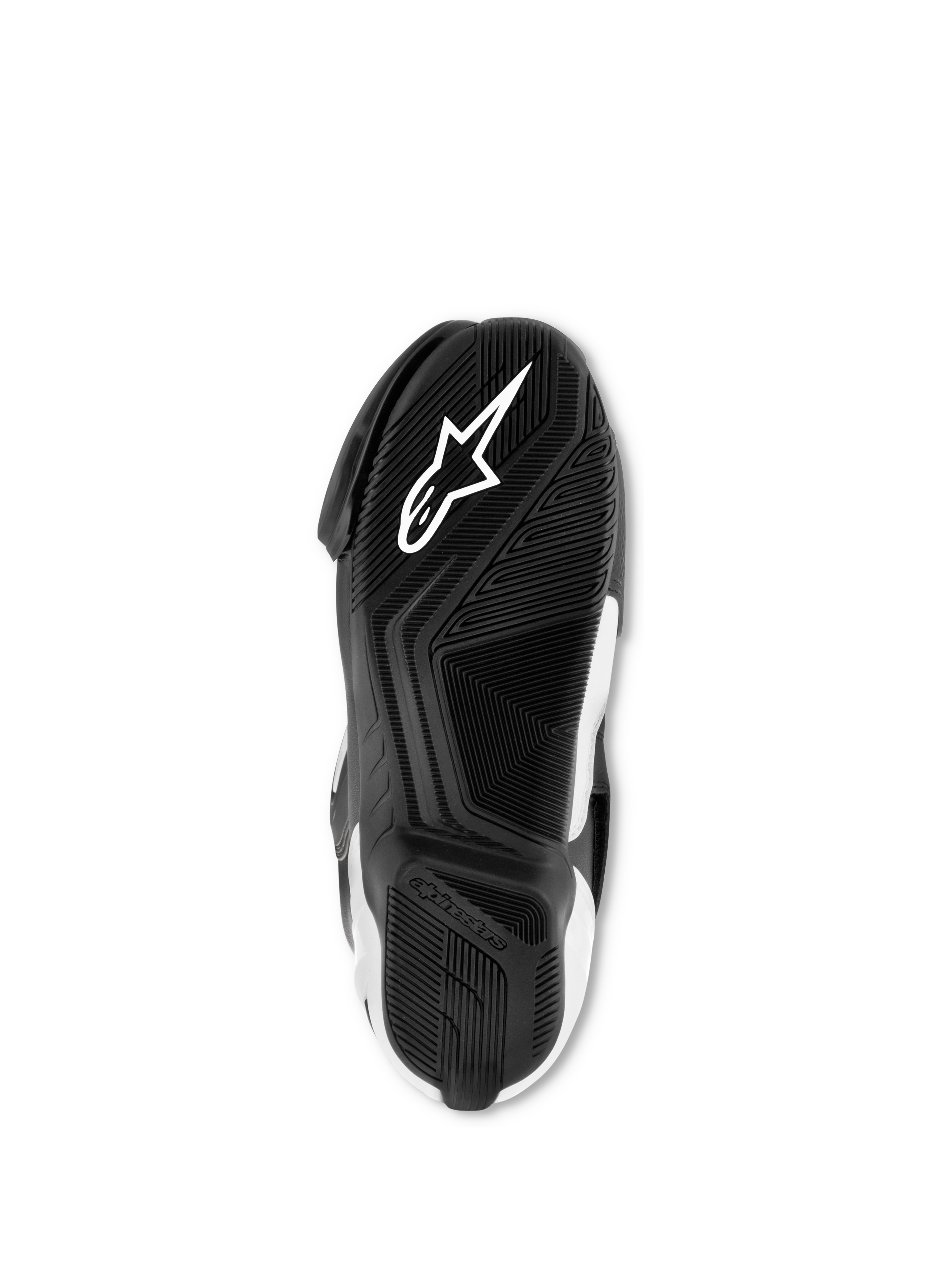 Buty Alpinestars SMX S, czarno-białe, widok od spodu na podeszwę z ekskluzywnej mieszanki gumy, z białym logo Astar i teksturowanym wzorem bieżnika dla przyczepności i wsparcia.