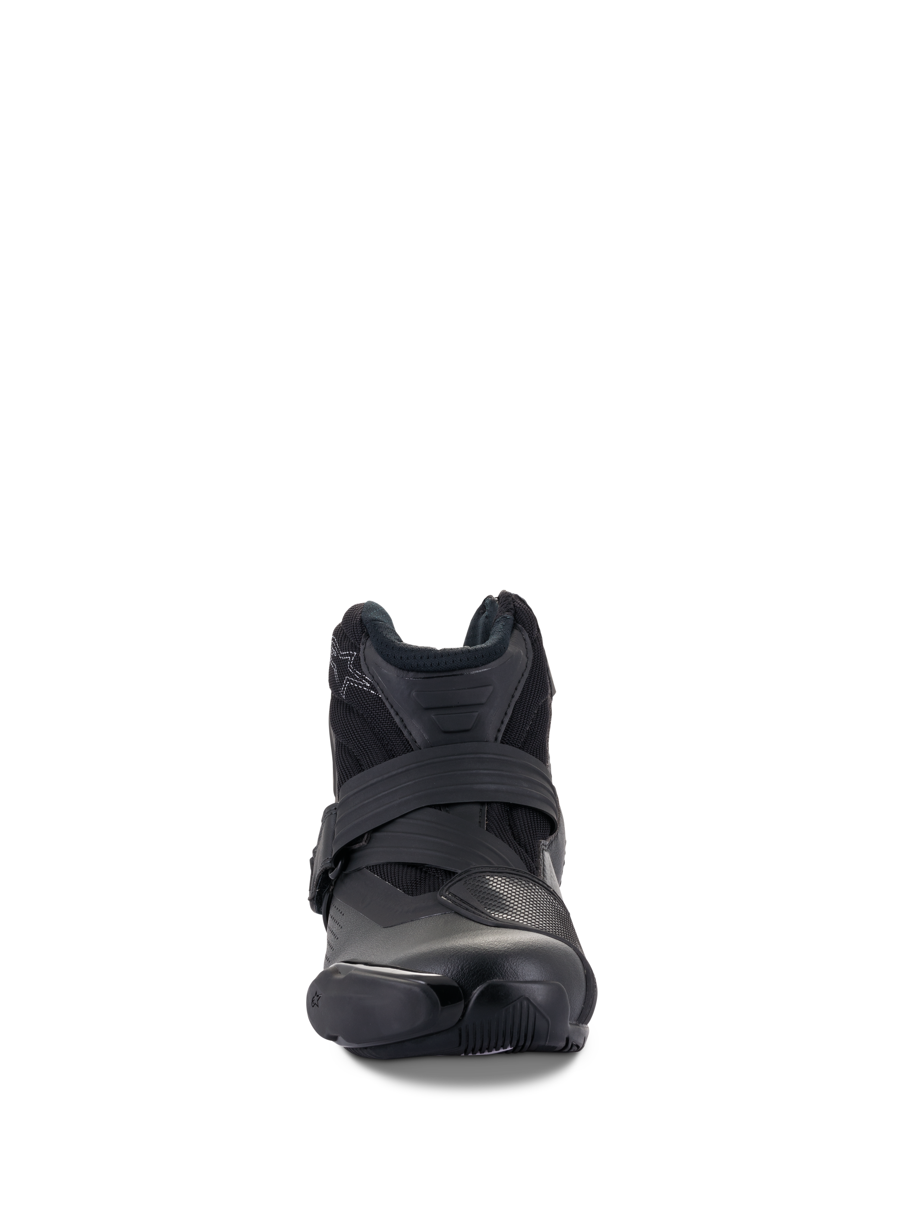 Alpinestars SMX-1 R V2 Vented Boots, czarne, niskoprofilowe buty motocyklowe, widok z przodu pokazujący zapięcie na pasek i ochronę palców z TPU, wentylowana cholewka z mikrofibry