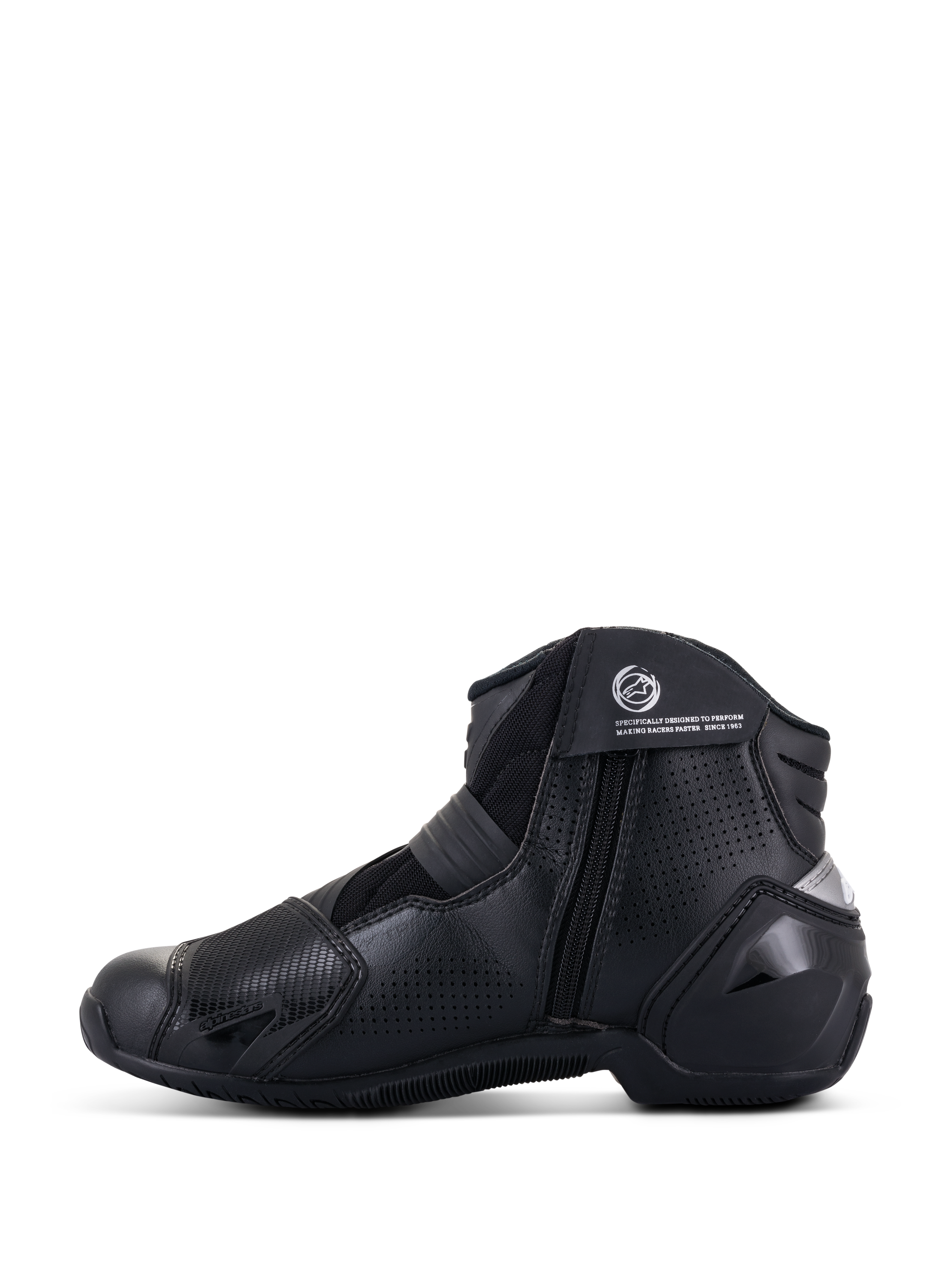 Alpinestars SMX-1 R V2 Vented Boots, czarne, krótkie sportowe buty motocyklowe, widok z boku przedstawiający perforowaną cholewkę z mikrofibry, ochraniacze TPU i boczny zamek błyskawiczny.