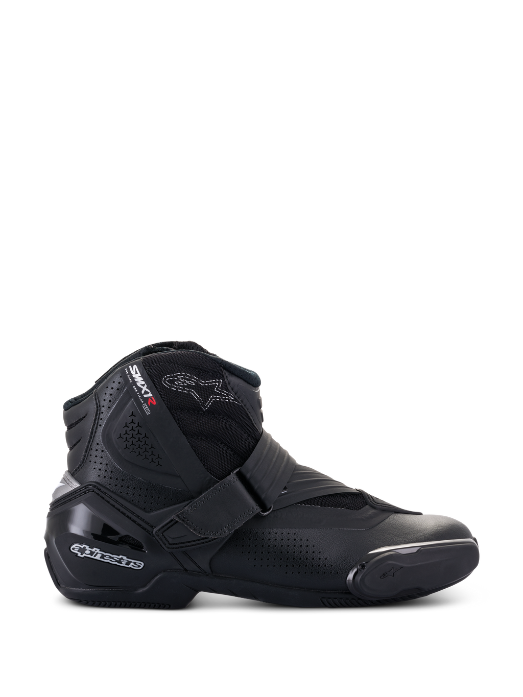Alpinestars SMX-1 R V2 Vented Boots, niskie czarne buty motocyklowe, profil boczny z perforowanymi panelami z mikrofibry, ochrona pięty z TPU i slider palców, zapięcie na rzep, sportowe obuwie szosowe