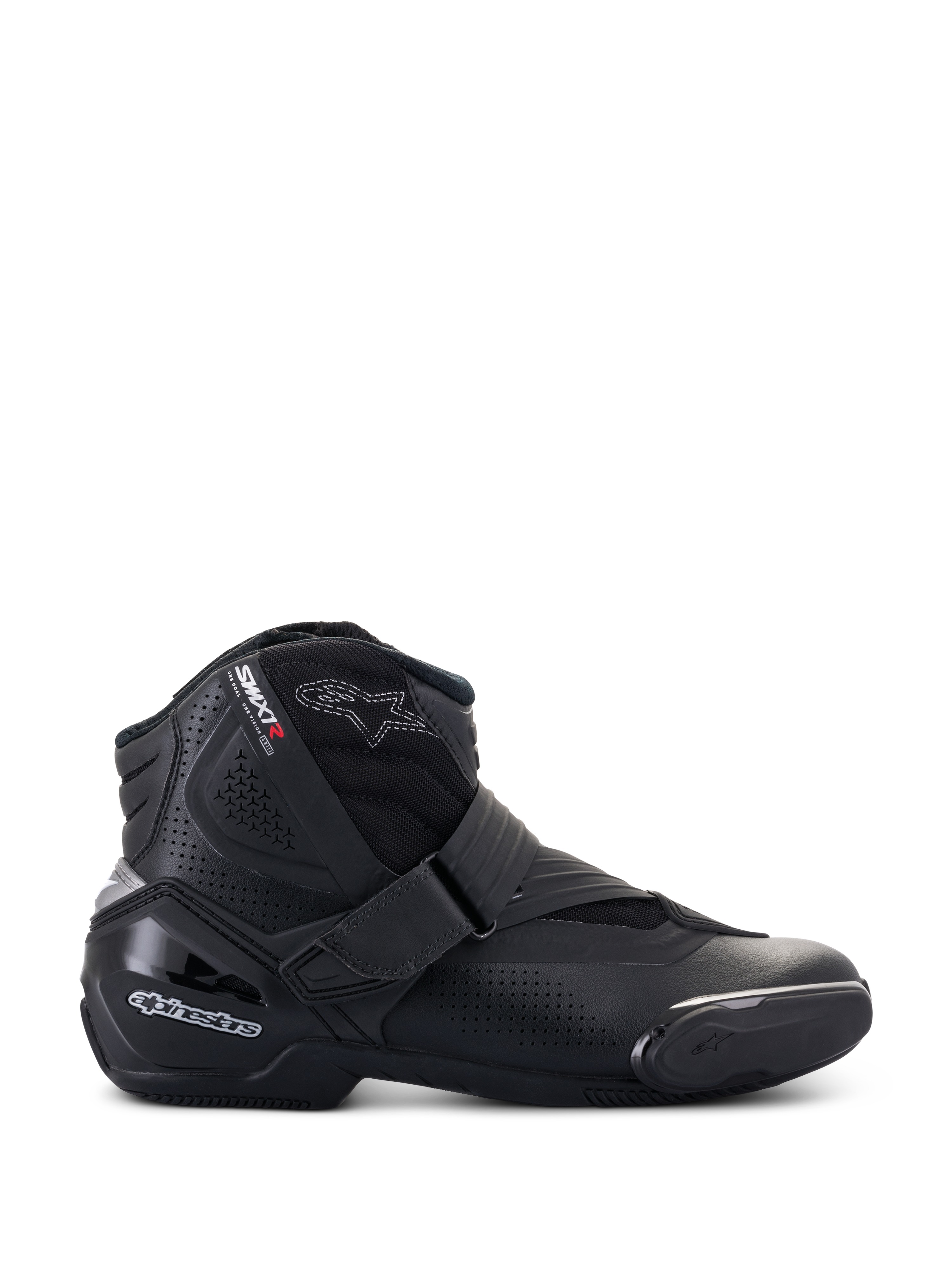 Alpinestars SMX-1 R V2 Vented Boots, niskie czarne buty motocyklowe, profil boczny z perforowanymi panelami z mikrofibry, ochrona pięty z TPU i slider palców, zapięcie na rzep, sportowe obuwie szosowe