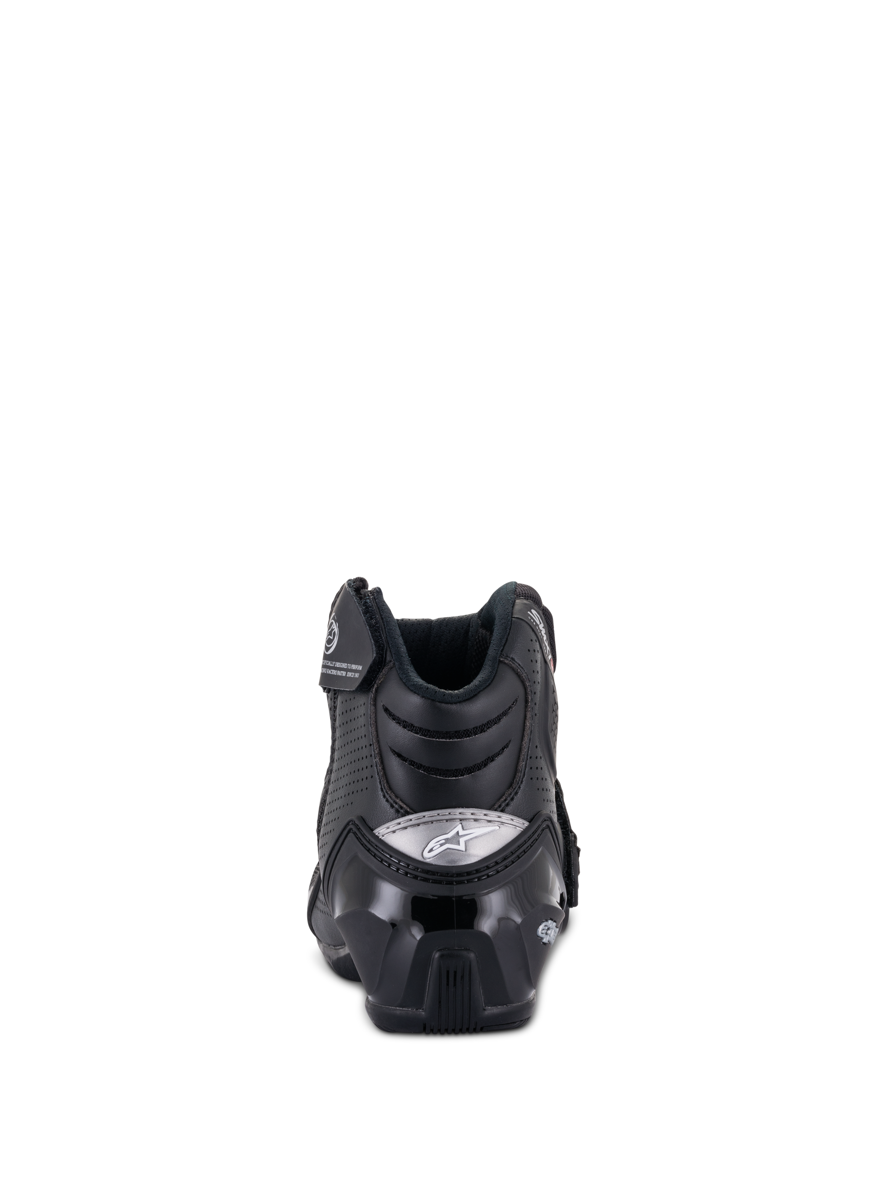 Buty Alpinestars SMX-1 R V2 Vented, niskie buty motocyklowe, czarne, widok z tyłu z błyszczącym ochraniaczem pięty TPU i srebrnym logo, perforowana mikrofibra dla lepszej wentylacji, ergonomiczna konstrukcja do jazdy sportowej