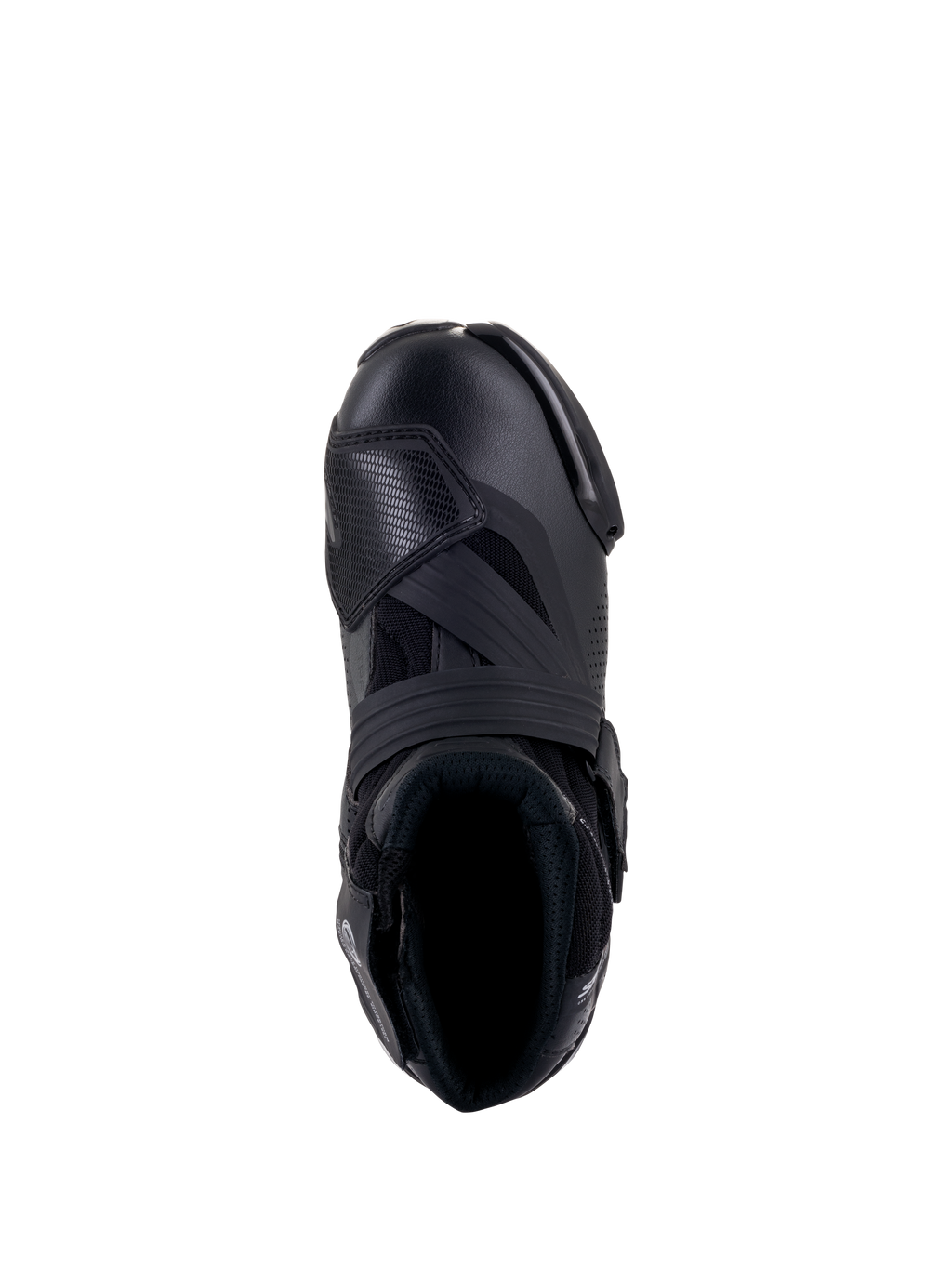 Buty Alpinestars SMX-1 R V2 Vented, czarne, widok z góry pokazujący wentylowaną cholewkę z mikrofibry, osłonę zmiany biegów z TPU oraz ergonomiczny kołnierz do sportowej jazdy.