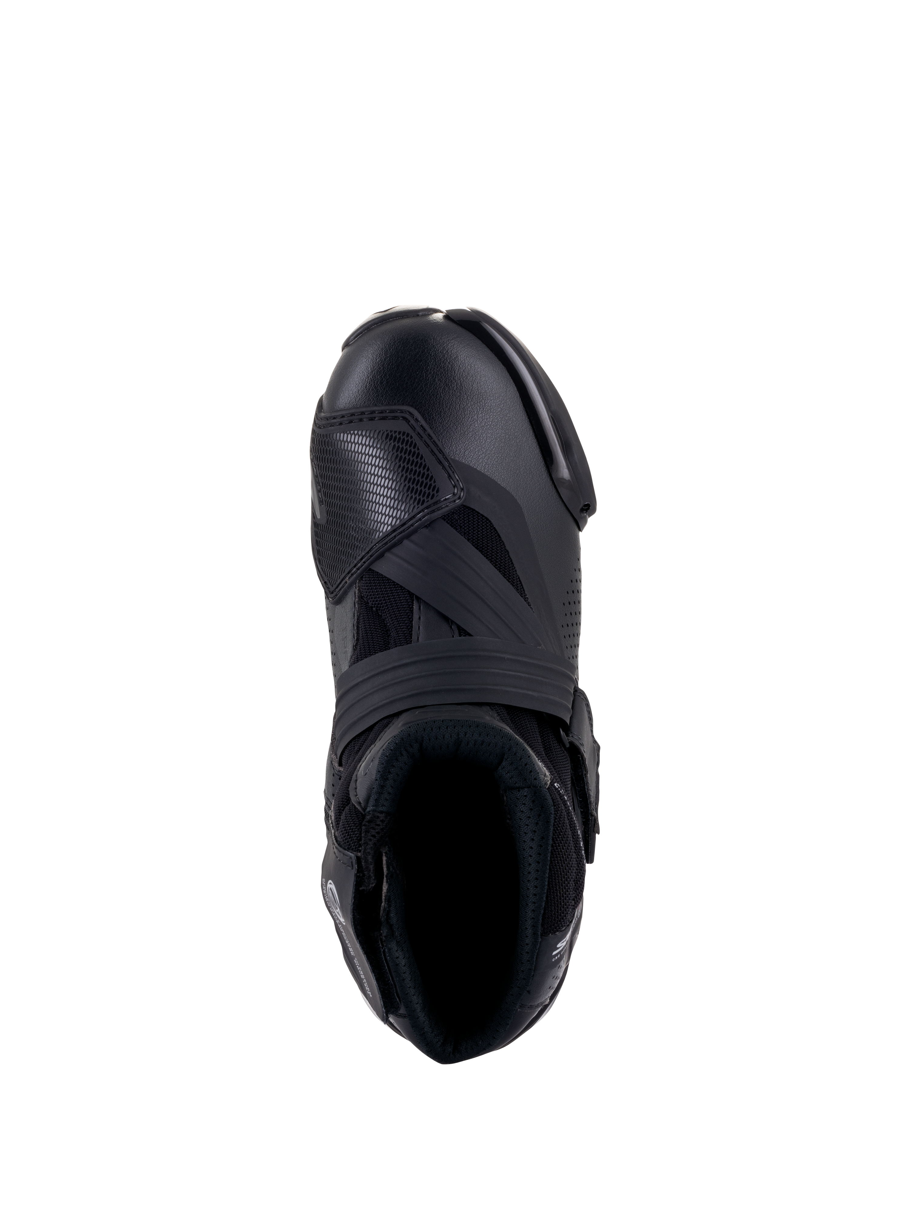 Buty Alpinestars SMX-1 R V2 Vented, czarne, widok z góry pokazujący wentylowaną cholewkę z mikrofibry, osłonę zmiany biegów z TPU oraz ergonomiczny kołnierz do sportowej jazdy.