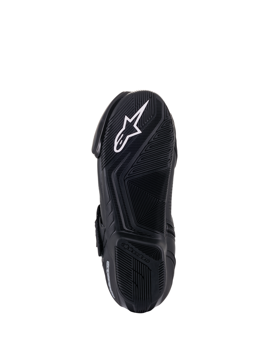 Buty Alpinestars SMX-1 R V2 Vented, widok podeszwy od dołu, czarne, białe logo gwiazdy Alpinestars na teksturowanej gumowej podeszwie z zaawansowanym wzorem przyczepności