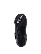 Buty Alpinestars SMX-1 R V2 Vented, widok podeszwy od dołu, czarne, białe logo gwiazdy Alpinestars na teksturowanej gumowej podeszwie z zaawansowanym wzorem przyczepności