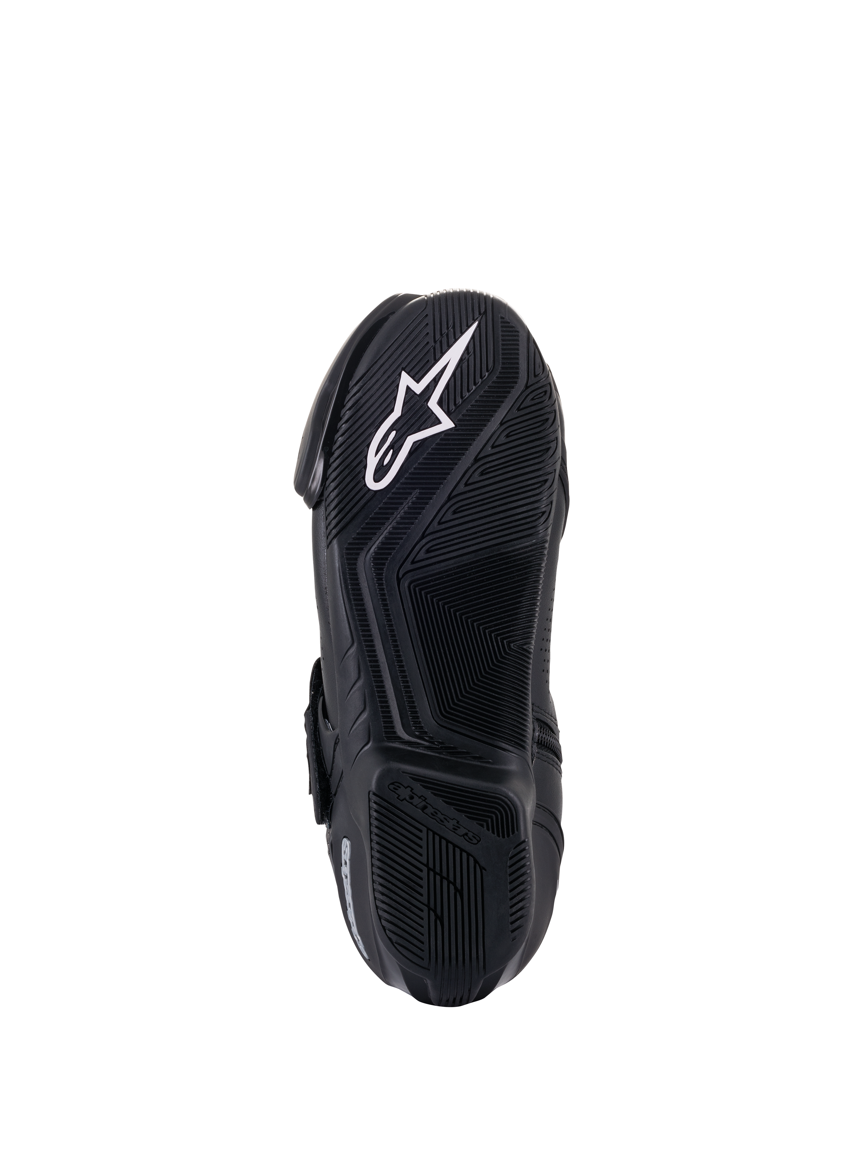 Buty Alpinestars SMX-1 R V2 Vented, widok podeszwy od dołu, czarne, białe logo gwiazdy Alpinestars na teksturowanej gumowej podeszwie z zaawansowanym wzorem przyczepności