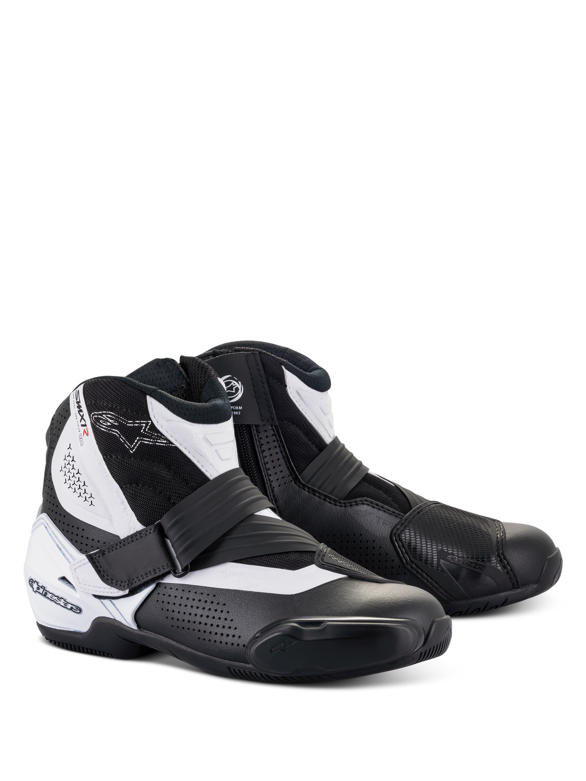 Alpinestars SMX-1 R V2 Vented Boots, low-cut motorcycle riding shoes, Black and White, featuring perforated microfiber upper for ventilation, TPU heel counter and shift pad, side zipper with strap closure, designed for performance road and sport riding